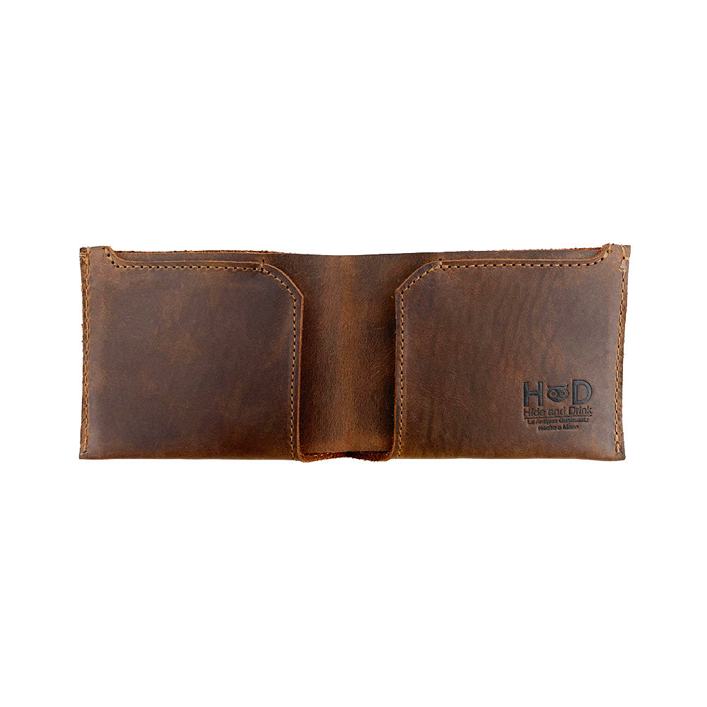 Hide & Drink Classic Wallet displayed flat, showcasing its handcrafted design in full grain leather, ideal for organizing cards and cash. Classic Wallet, Card Organizer, Money Holder, Vintage Pocket, Travel Accessories, Full Grain Leather, StockyardX, Small Batch Production, Hand Cut, Hand Sewn, Fire Branded, Artisan, Handmade in La Antigua Guatemala & Oaxaca Mexico.