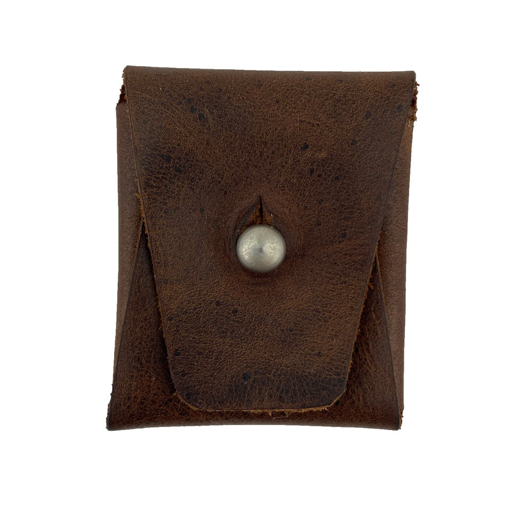 Front view of the Minimalist Square Coin Pouch by Hide & Drink, showcasing its rustic design in full grain leather. This artisan-made coin pouch is perfect for coins or small items, blending stylishly with functionality. Minimalist Coin Pouch, SD Card Holder, Wallet and Cash Organizer, Full Grain Leather, StockyardX, Small Batch Production, Hand Cut, Hand Sewn, Fire Branded, Artisan, Handmade in La Antigua Guatemala & Oaxaca Mexico.