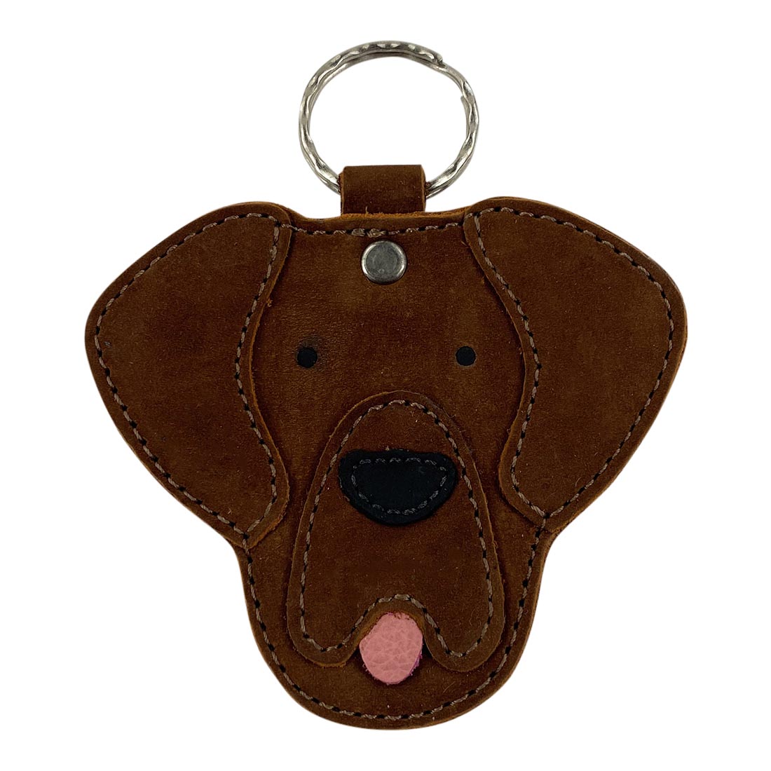 Front view of the brown Labrador Dog Critter Keychain by Taco Dog, showcasing its charming dog face design. This unique, artisan-crafted piece made from Full Grain Leather highlights small batch production.