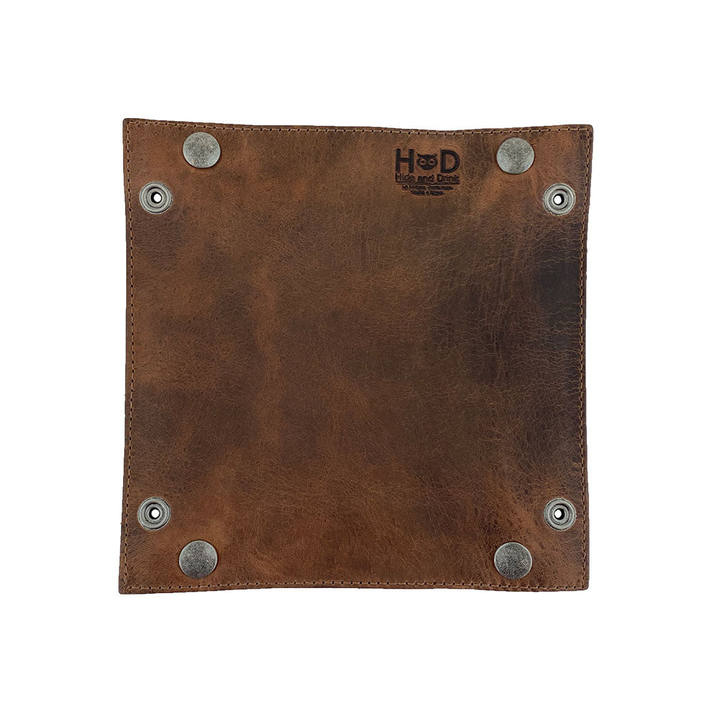 Hide & Drink Valet Tray made from full grain leather, featuring rustic accents and sturdy brass snaps for keys and change organization. Perfect for storage, handmade in La Antigua Guatemala & Oaxaca Mexico, Catchall Change Key Wallet Coin Box Tray Storage Valet, Full Grain Leather, StockyardX, Small Batch Production, Hand Cut, Hand Sewn, Fire Branded, Artisan.
