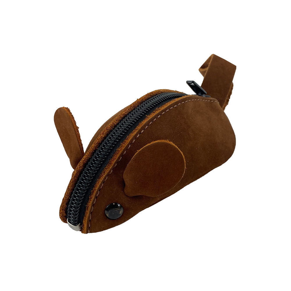 Close-up of a brown Hide & Drink's Mouse Coin Pouch displaying its charming features. This Mouse-Shaped Coin Pouch, made from durable full grain leather, is a unique change pouch ideal for coin organization.