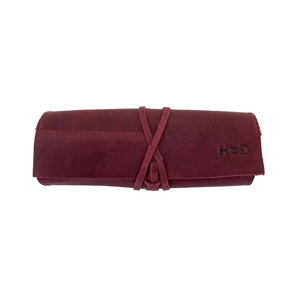 Hide & Drink Multi Purpose Pencil Roll demonstrating its stylish design in a versatile open layout, perfect for various tools. A rustic and handmade organizer showcasing the artisan quality from La Antigua Guatemala & Oaxaca Mexico.