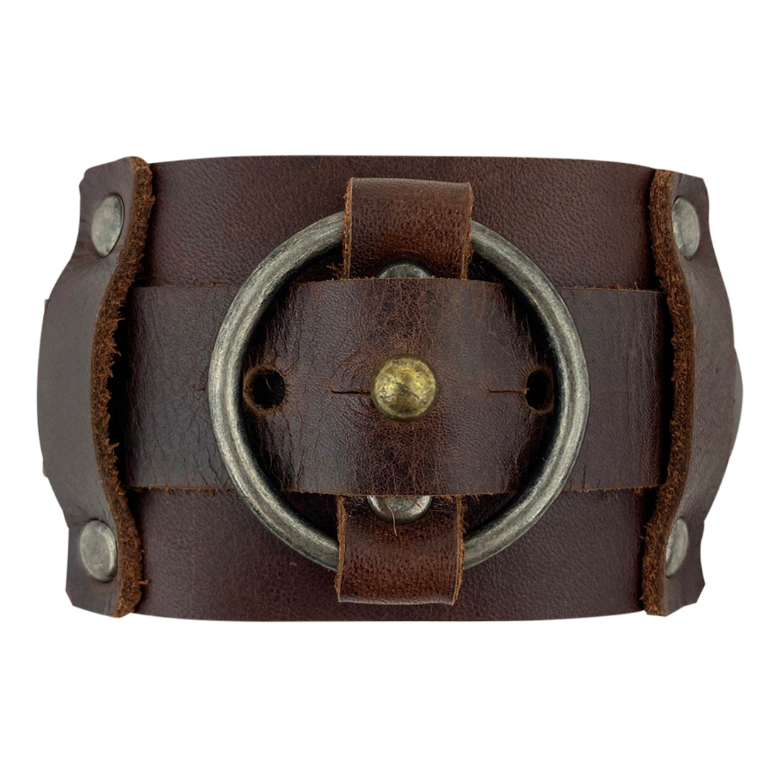 Hide & Drink Wristband featuring ring decoration made from full grain leather, showcasing a rustic style with sturdy craftsmanship. This unique Wristband with Ring Decoration Full Grain Leather is from StockyardX, reflecting small batch production with detailed hand cut and hand sewn techniques. Each piece is fire branded, ensuring artisan quality as it's handmade in La Antigua Guatemala & Oaxaca Mexico.