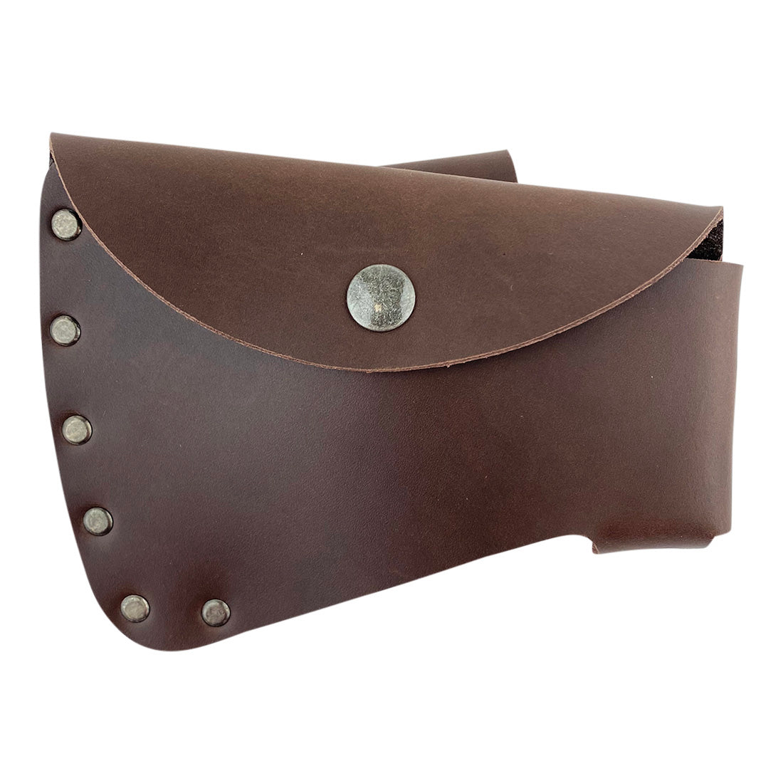 Axe Head Sheath from Valhalla Gear, a durable protector case cover crafted from full grain leather for hatchets, ensuring safety and style during outdoor work. Axe Head Sheath - Protector Case Cover, Hatchet Blade Safety Sleeve, Camping Accessory, Lumberjack Outdoors Work Essentials, Full Grain Leather, StockyardX, Small Batch Production, Hand Cut, Hand Sewn, Fire Branded, Artisan, Handmade in La Antigua Guatemala & Oaxaca Mexico.