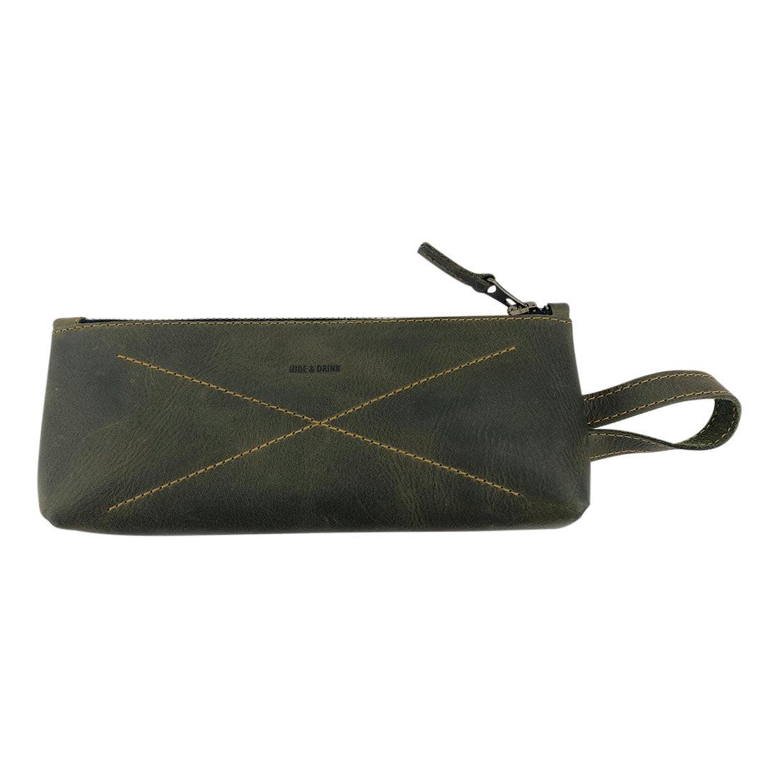 Hide & Drink's X Stitched Case in a dark green tone, perfect for stationery and travel essentials. Handcrafted with full grain leather, it showcases the artistry of small batch production from La Antigua Guatemala and Oaxaca, Mexico.