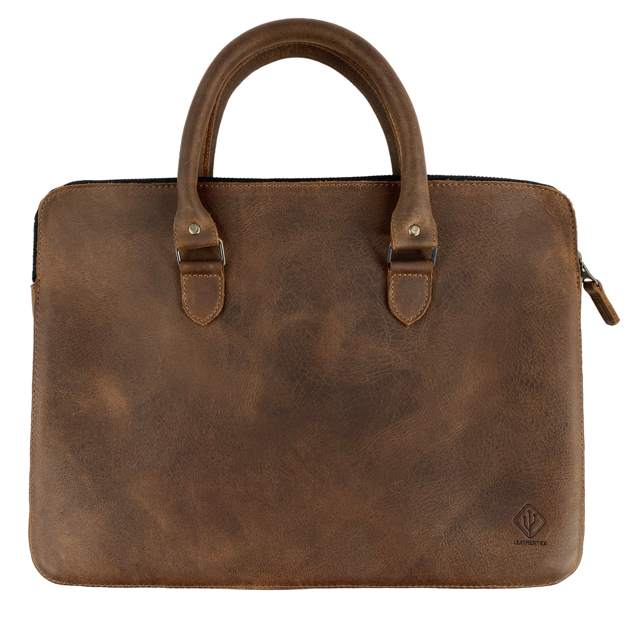 Front view of the LeatherTex 13" Laptop Portfolio Case showcasing its full grain leather design, perfect for MacBook Air/Pro 13 Inch with M1 Chip. This portfolio style case is handmade with care in La Antigua Guatemala and Oaxaca Mexico, emphasizing small batch production, artisan craftsmanship, and fire branding.