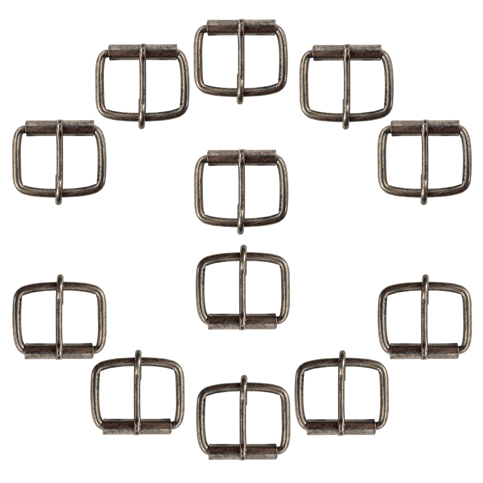 A layout of twelve 1 Inch Rustic Nickel Buckle Replacements by Leather Handcraft Supply Depot. Perfect for stylish belt repairs and durable design, made from high-quality nickel that assures longevity.