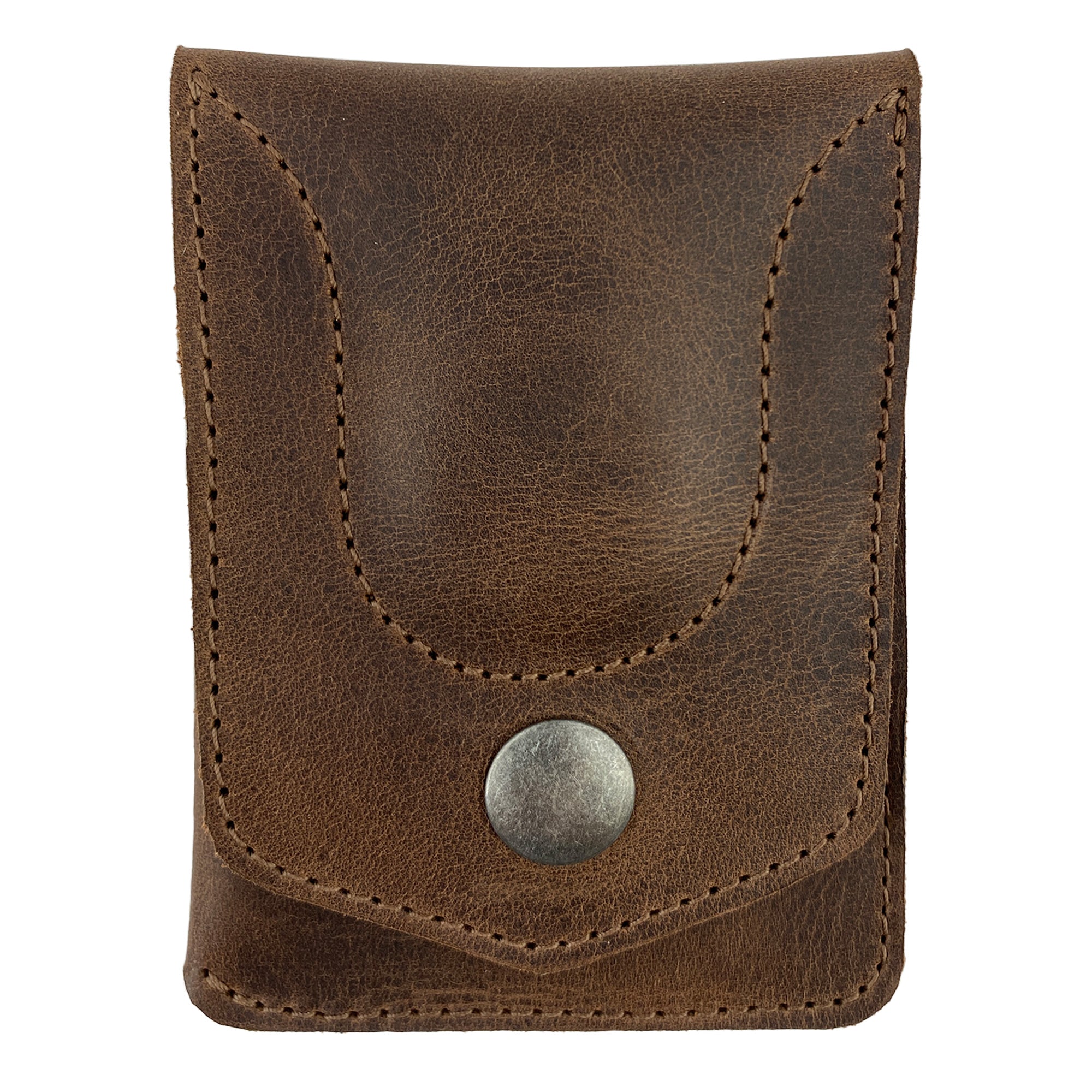 Front view of the Card Holder with AirTag Slot by LeatherTex, showcasing a durable design made from full grain leather. This compact pocket organizer is perfect for storing cash and cards while traveling. Handmade in La Antigua Guatemala, it features artisan craftsmanship with hand-cut and hand-sewn detailing, making this storage case a stylish travel accessory.