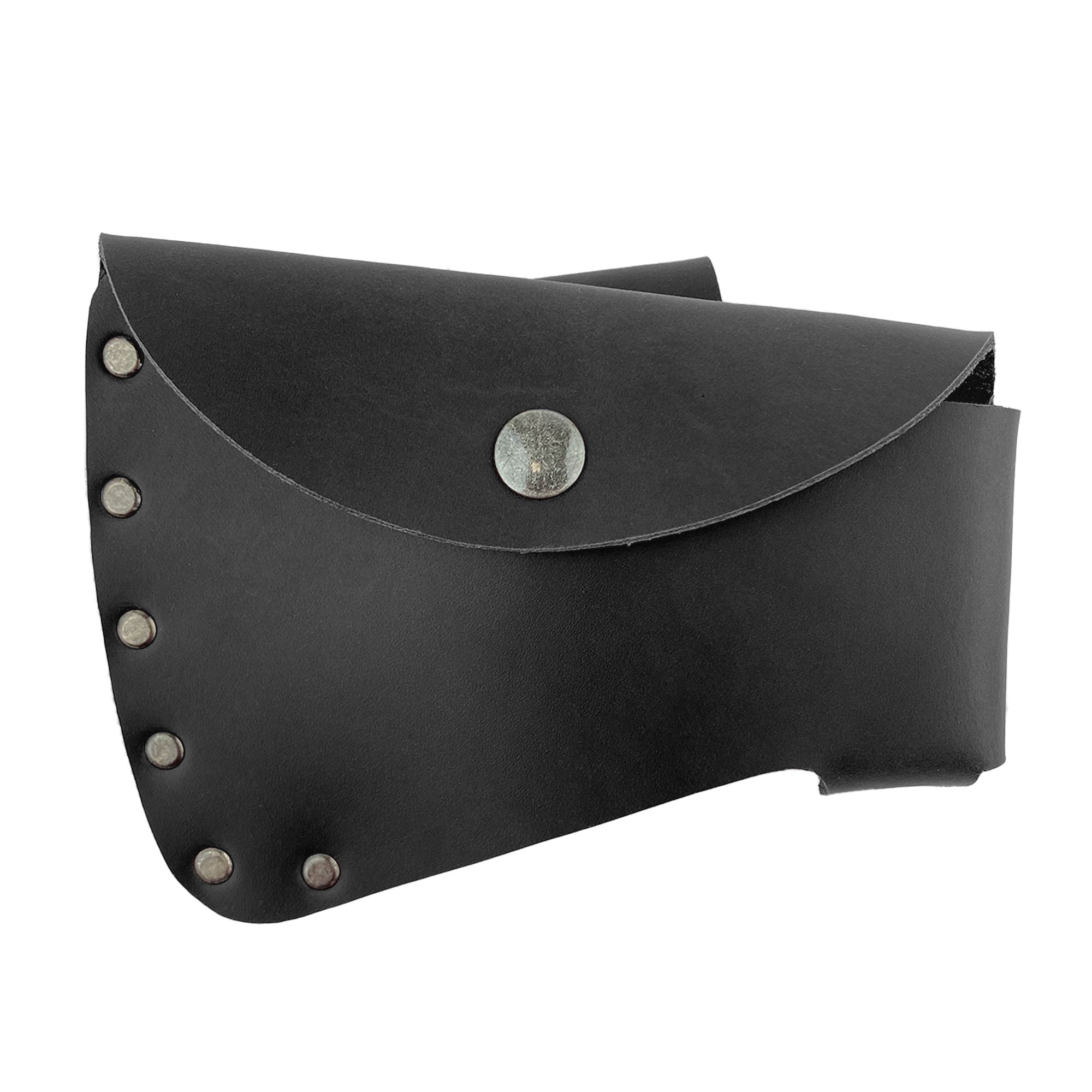 Black version of the Axe Head Sheath by Valhalla Gear, crafted from full grain leather, ensuring stylish protection for your axe blades in any camping scenario. Axe Head Sheath - Protector Case Cover, Hatchet Blade Safety Sleeve, Camping Accessory, Lumberjack Outdoors Work Essentials, Full Grain Leather, StockyardX, Small Batch Production, Hand Cut, Hand Sewn, Fire Branded, Artisan, Handmade in La Antigua Guatemala & Oaxaca Mexico.