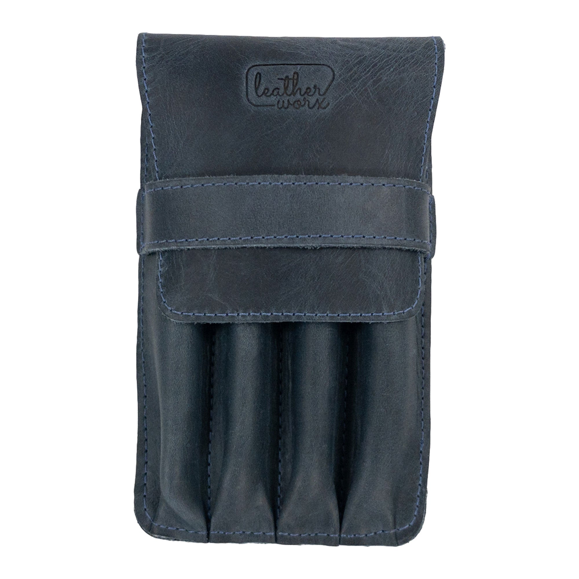 Back view of the Leather Worx 4-Pen Holder in navy leather, showing off its structured and thoughtful minimalist design. This elegant pencil case emphasizes artisan skills, fire branding, and small batch production, made with care in La Antigua Guatemala.