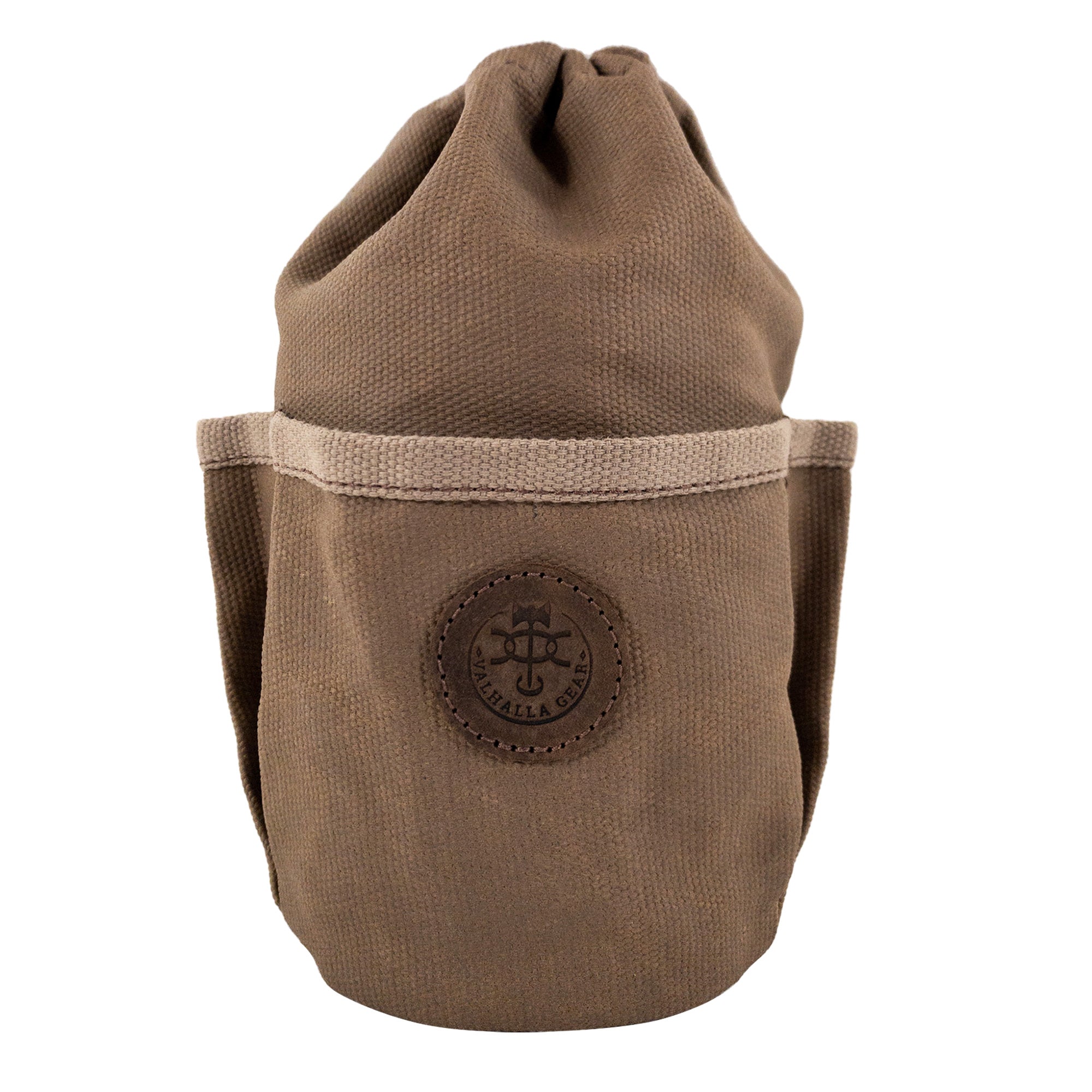 Valhalla Gear Camping Bag for Water Bottle made from durable waxed canvas and full grain leather. This handcrafted bag features a small pouch ideal for storing items like utensils or snacks. It supports small batch production and showcases artisan craftsmanship from La Antigua Guatemala and Oaxaca Mexico.