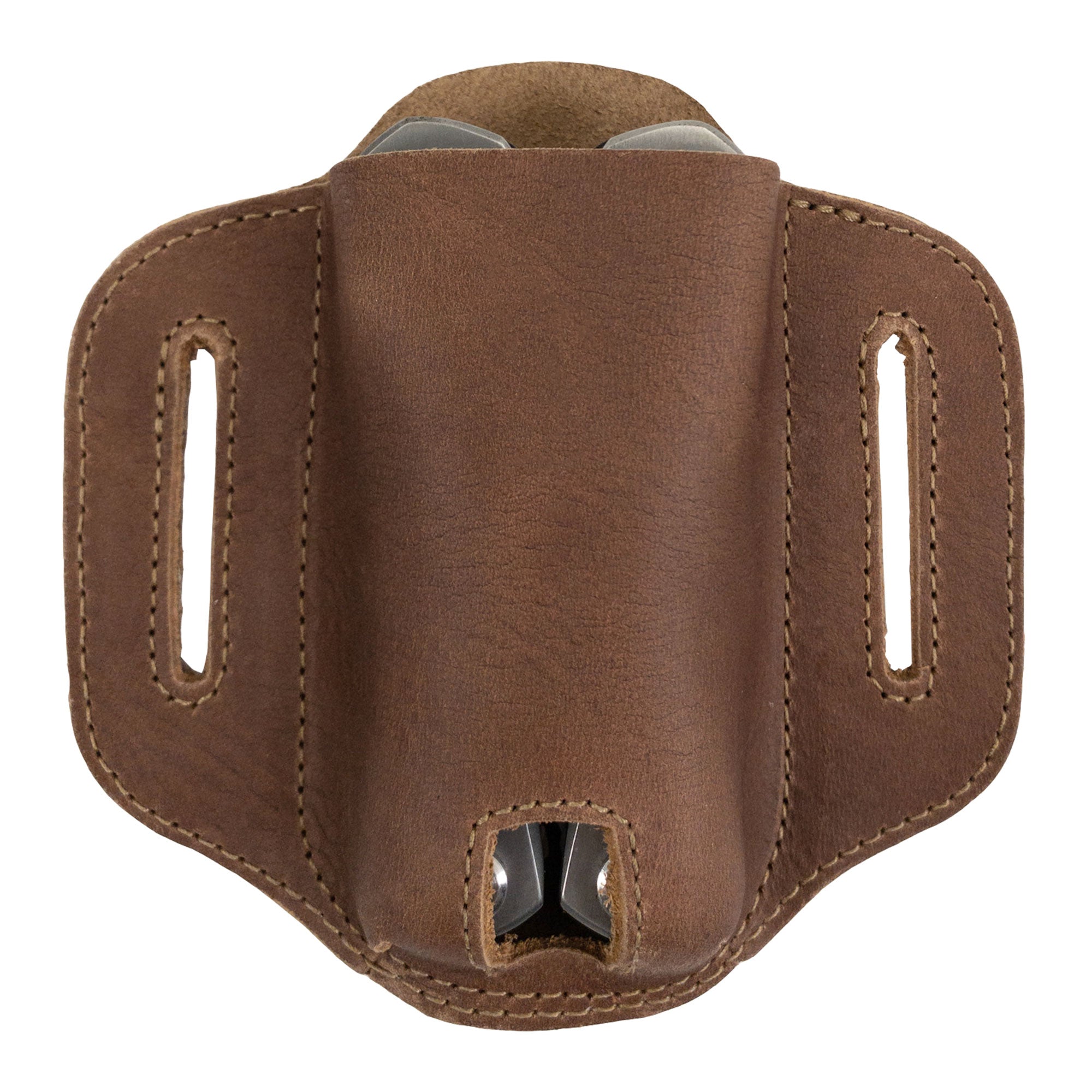 Brown Multitool Belt Sheath from Hide & Drink shown with tools secured inside. This product serves as an elegant pocket knife set case, handcrafted in La Antigua Guatemala & Oaxaca Mexico, emphasizing the quality of full grain leather.
