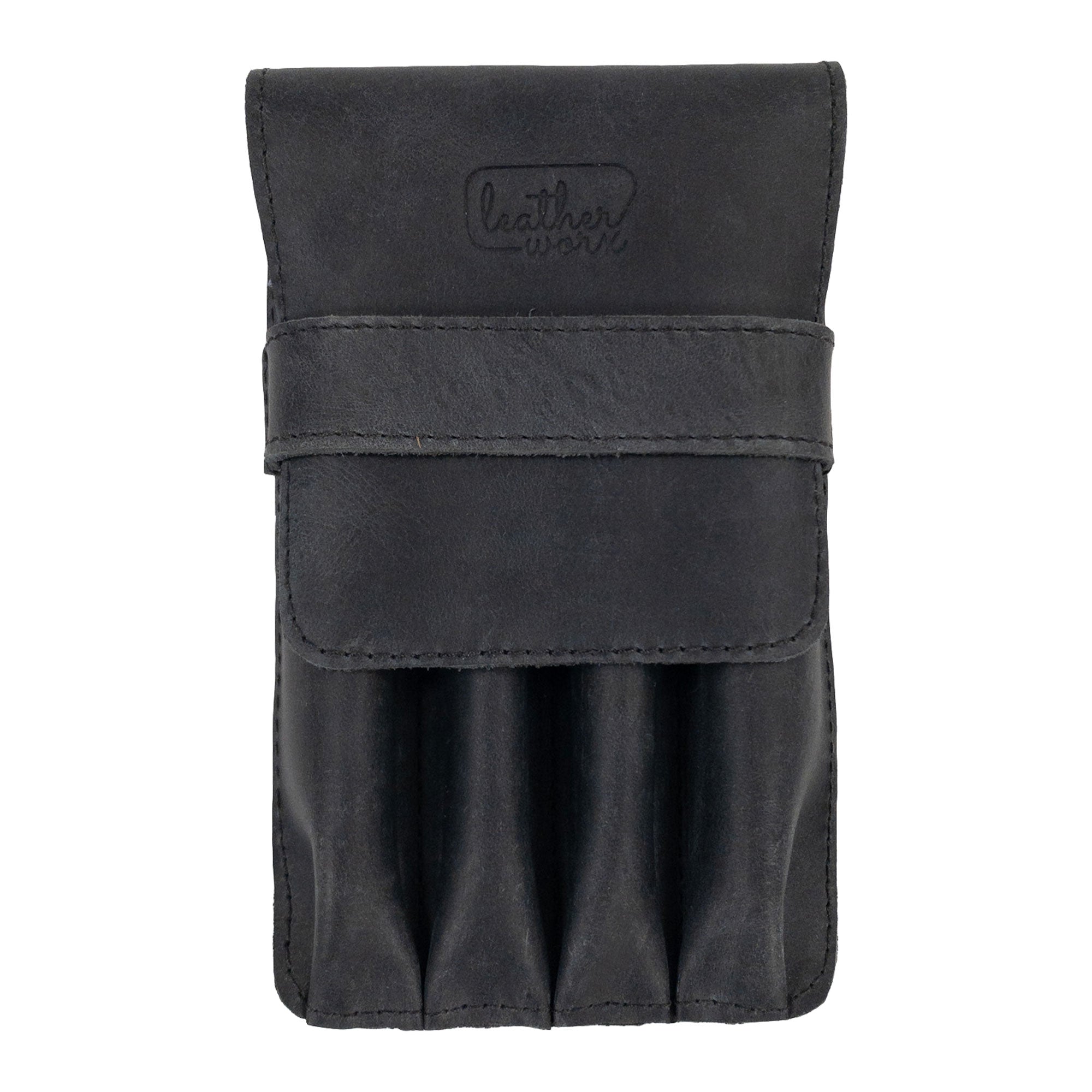 Front view of the Leather Worx 4-Pen Holder in sleek black full grain leather, merging style and function for pens and pencils. This minimalist style holder stands out with artisan craftsmanship, hand cut and sewn precision, and fire branding, made with love in La Antigua Guatemala.