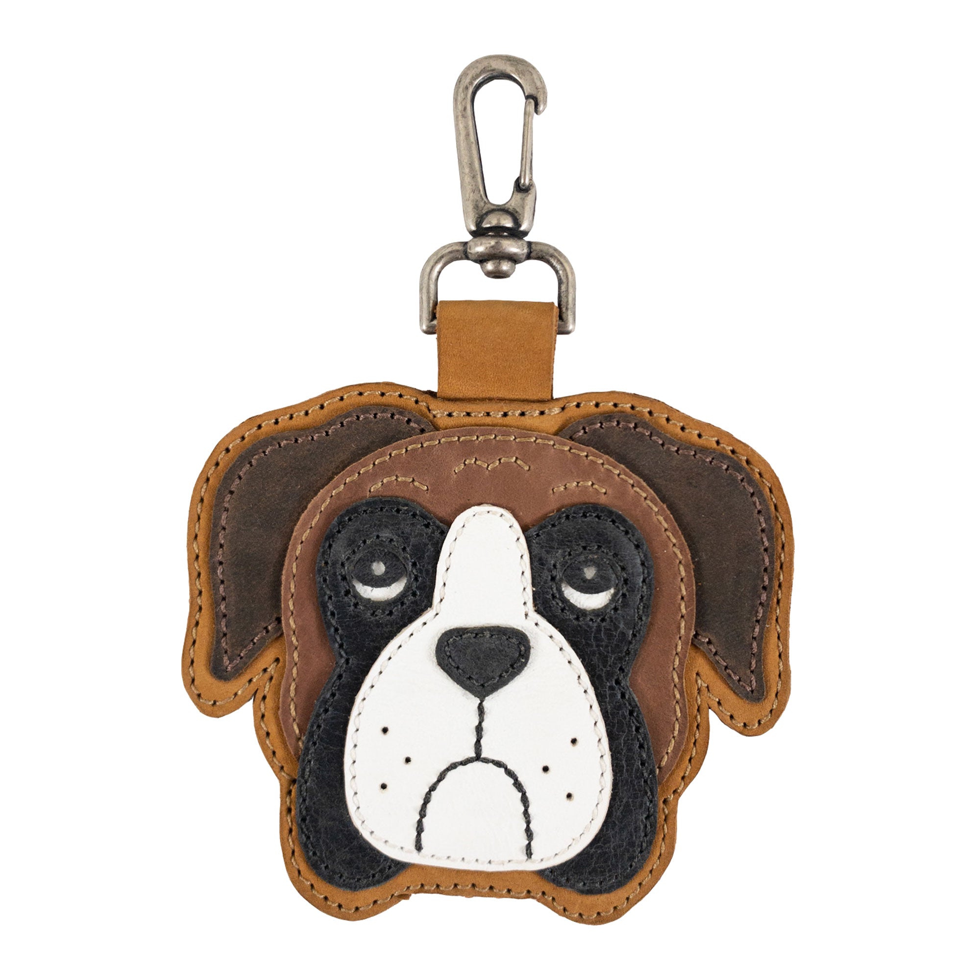 Boxer Face Charm by TACO DOG crafted from Full Grain Leather, showcasing a cute dog design, perfect for dog lovers. This handcrafted accessory features small batch production, hand cut and hand sewn techniques, demonstrating artisan quality and care. Handmade in La Antigua Guatemala & Oaxaca Mexico.