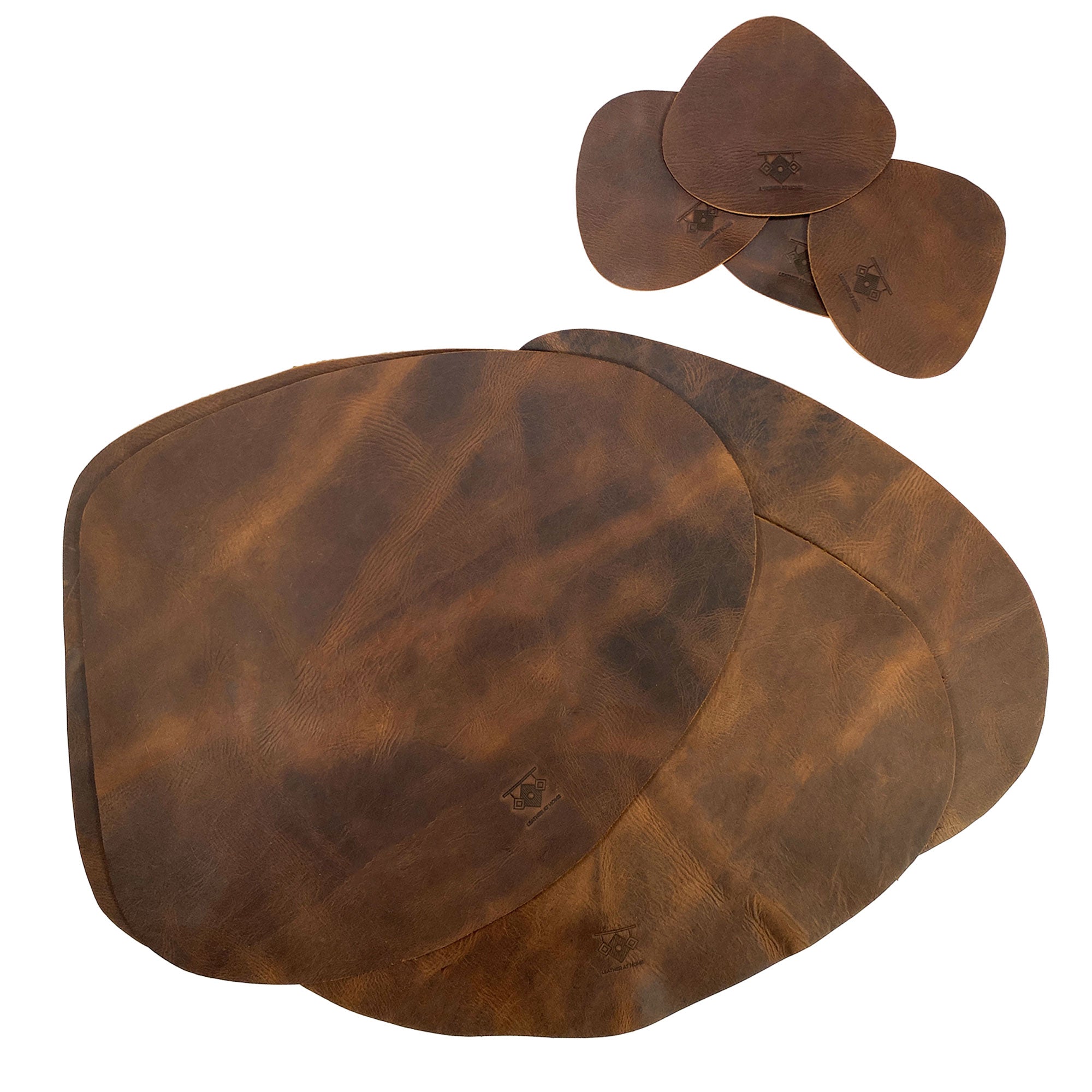 Leather Place Mats with Coasters Set of 4 by Leather At Home featuring rustic placemats and coasters handmade from full grain leather, perfect for decorating your kitchen table. Elevate your home essentials with these unique artisans' creations made in La Antigua Guatemala & Oaxaca Mexico.