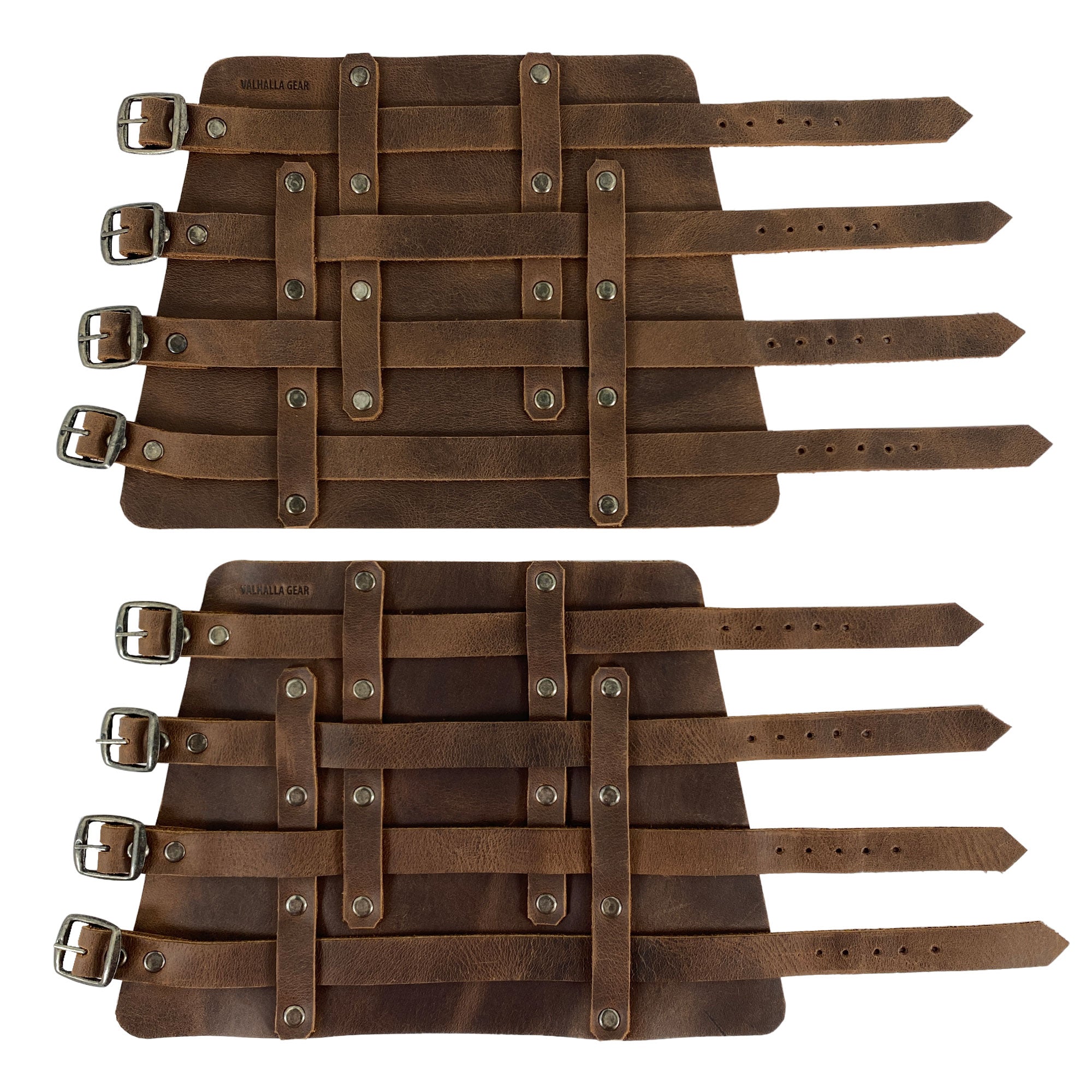 A top view of the 4 Buckle Bracelet (2 Pack) by Valhalla Gear, displaying a unique design of adjustable straps. These wrist guards serve as hand protectors for archery and feature full grain leather, perfect for medieval enthusiasts. Each piece is artisan-made through small batch production in La Antigua Guatemala & Oaxaca Mexico by StockyardX.