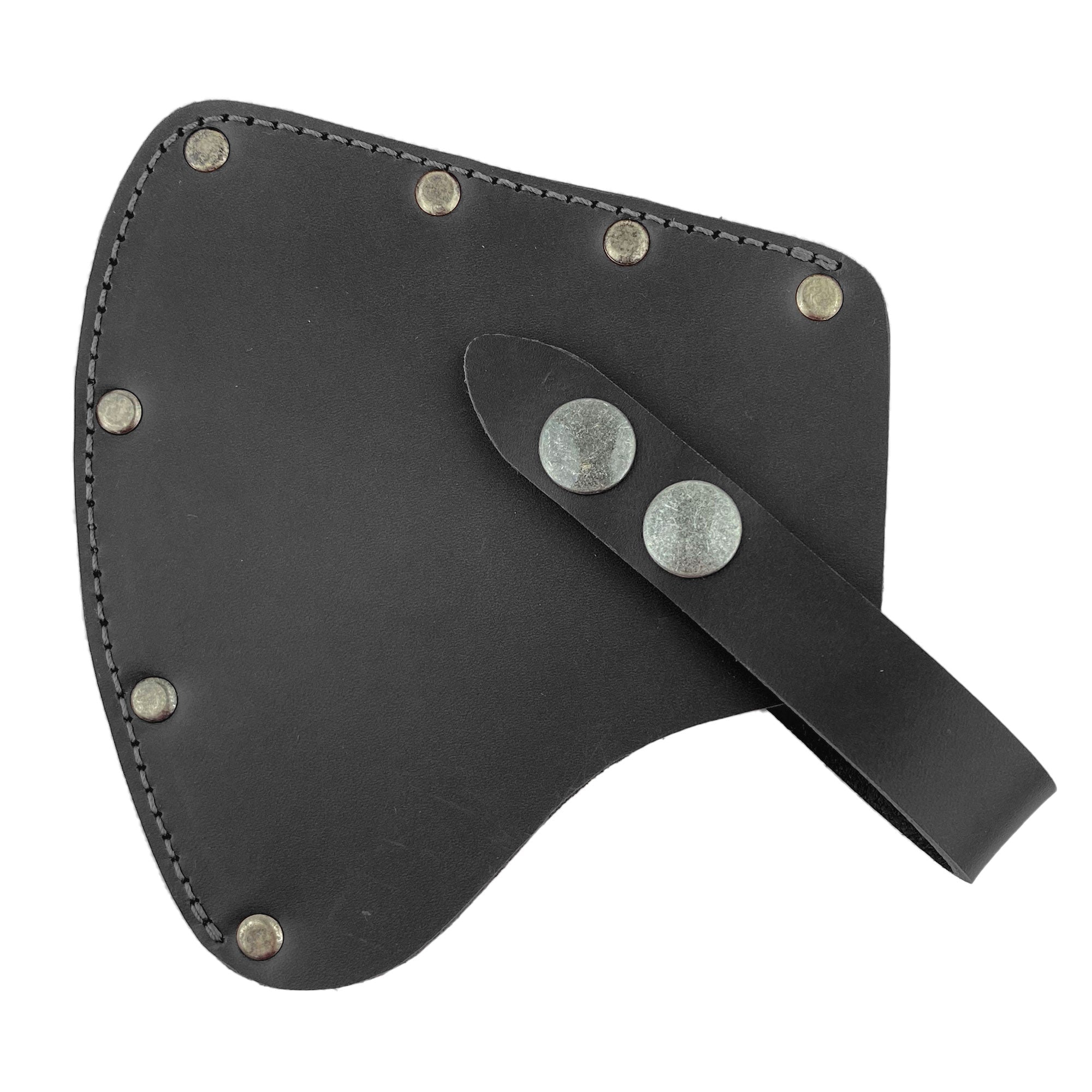 A close-up of the black variant of the Valhalla Gear Camper Axe Head Sheath, showcasing its sleek design and secure fastening. This hatchet blade safety sleeve is made from full grain leather, providing essential protection for outdoor gear as a camping accessory, handmade with care in La Antigua Guatemala.