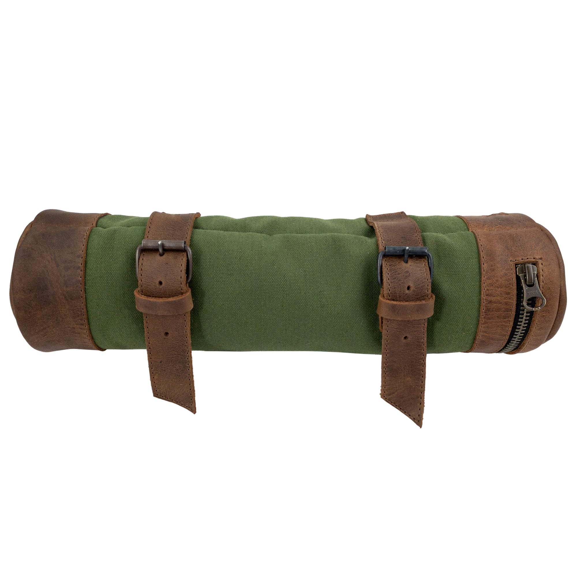 View of the Bicycle Tube from Hide & Drink, emphasizing its rustic appeal and functional design. This Bike Pack Tube is perfect for adventurers who value quality craftsmanship and creativity, made with full grain leather in La Antigua Guatemala and Oaxaca Mexico.