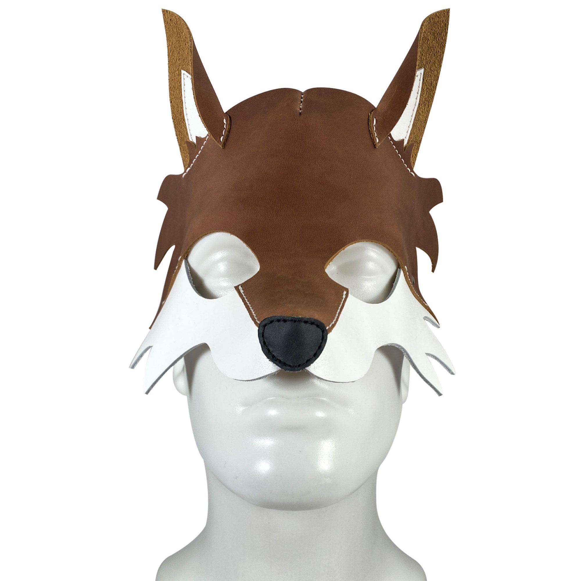 Fox Mask modeled on a mannequin, showcasing its full grain leather design, perfect for performances, films, and shows. Handmade by Hide & Play, this artisan product features hand-cut and hand-sewn quality.