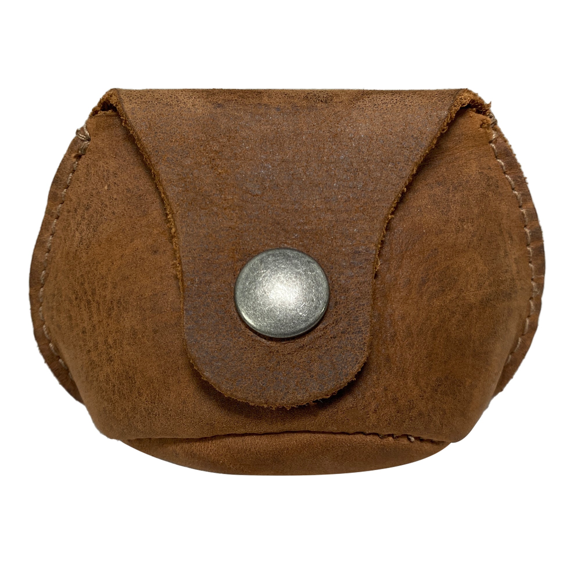 Front view of the Simple Coin Pouch by Hide & Drink, showcasing its unique rustic design made from Full Grain Leather. This versatile pouch functions as an EarPods Case, SD Card Holder, and Cash Organizer, reflecting StockyardX's commitment to small-batch production with hand cut and hand sewn craftsmanship. Artisan quality handmade in La Antigua Guatemala & Oaxaca Mexico.