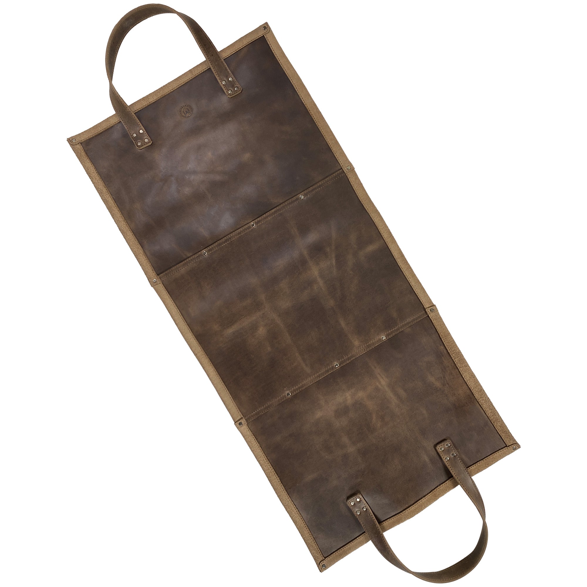 Top view of the Rustic Firewood Carrier from Toolshed Hide, showcasing its foldable log bag structure made from Full Grain Leather, ideal for fireplace wood stove accessories. This artisan piece exemplifies small batch production, hand cut and hand sewn techniques, fire branded in La Antigua Guatemala & Oaxaca Mexico.