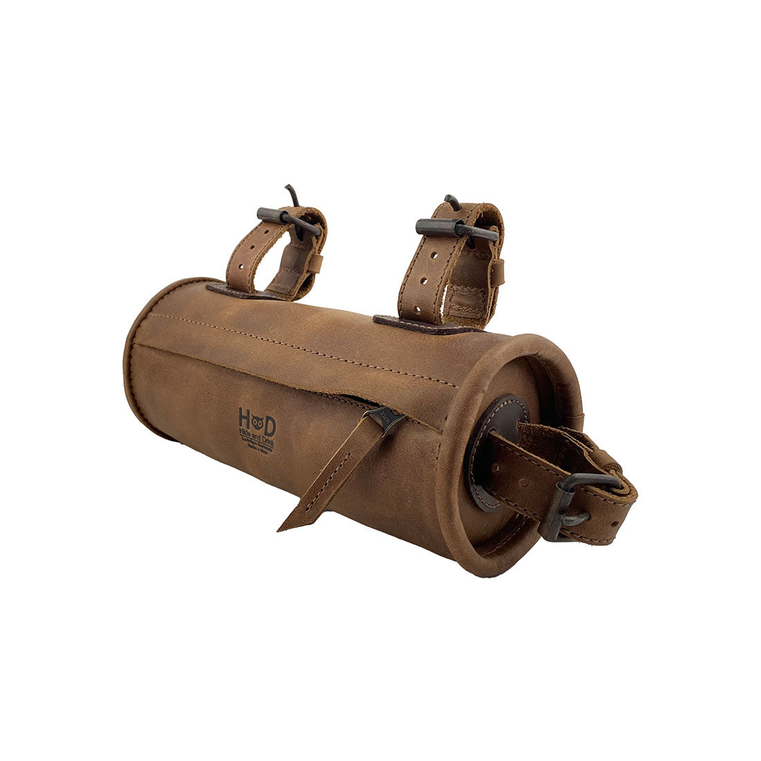 Hide & Drink Bike Bag, a full grain leather cylinder tube pouch perfect for bicycles, showcasing exceptional craftsmanship. Ideal as a bicycle accessory with secure fastenings and artisan qualities, handmade in La Antigua Guatemala & Oaxaca Mexico.