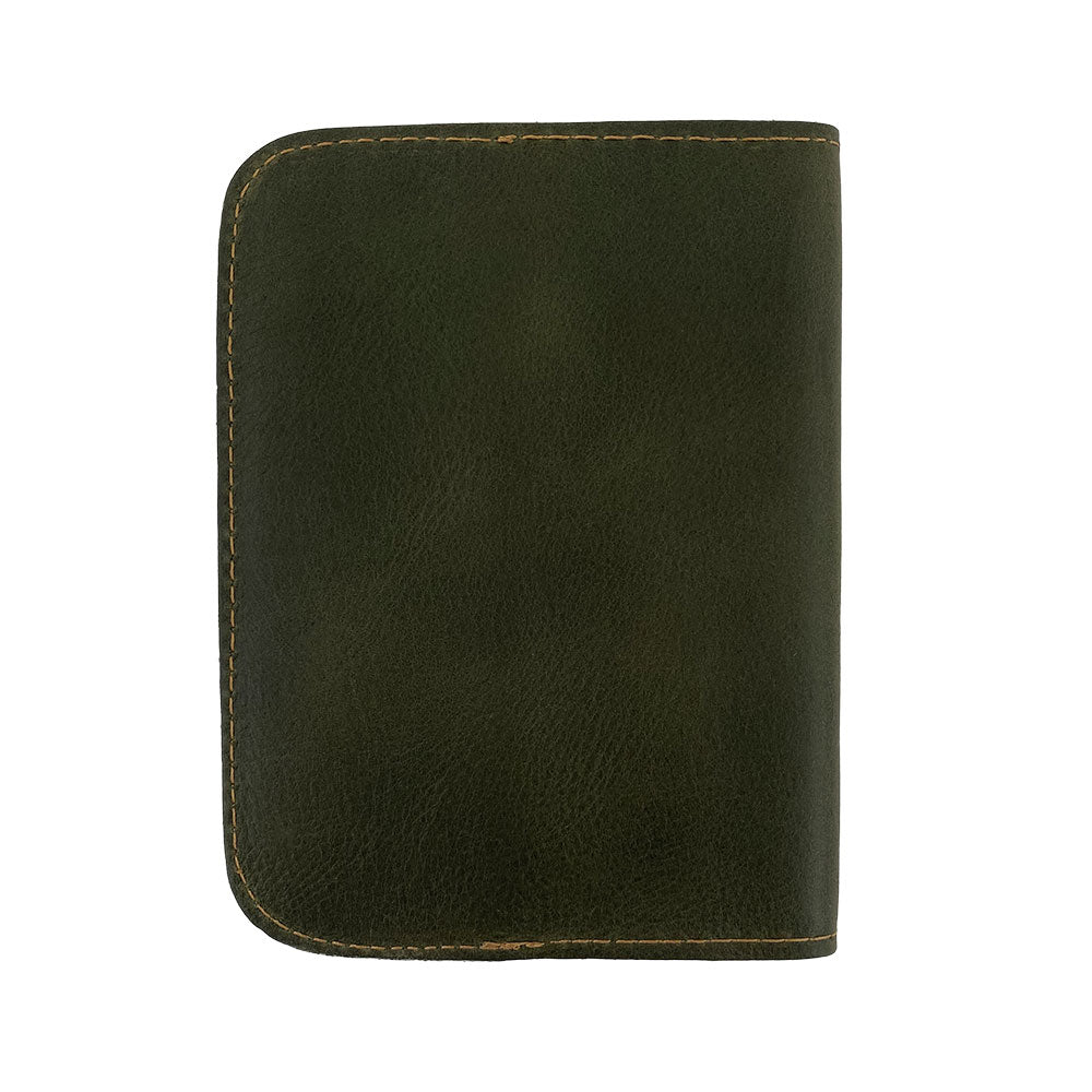 Sleek front view of the Hide & Drink Travel Wallet, demonstrating its elegant design. This travel wallet acts as a stylish bifold passport case made with care in La Antigua Guatemala.