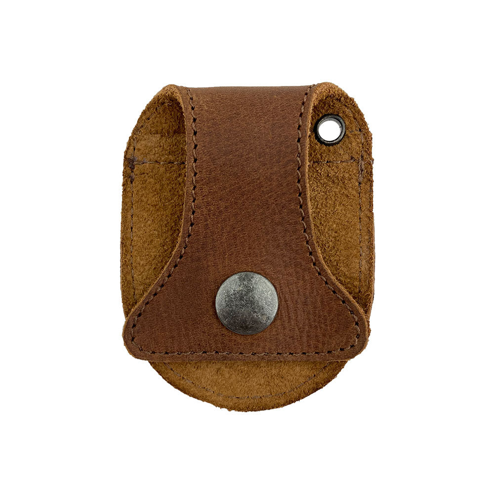 Back view of Hide & Drink Pocket Watch Holder and Case, showcasing its durable construction in brown suede leather. This pocket watch case serves as a protector holder for timepieces, featuring rustic craftsmanship and full grain leather, part of small batch production and artisan handmade techniques in La Antigua Guatemala & Oaxaca Mexico.