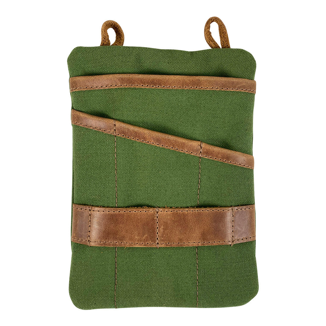 Back view of the green Multi-tool Pocket Pouch - XL by Hide & Drink with its sleeve pockets ideal for holding tools securely, showcasing craftsmanship. Multi-Tool Pocket Pouch XL, Mini Camping Tool Case, Compact Multipurpose EDC Zippered Bag, Handmade Slim Organizer, Waxed Canvas, StockyardX, Small Batch Production, Artisan, Handmade in La Antigua Guatemala & Oaxaca Mexico.