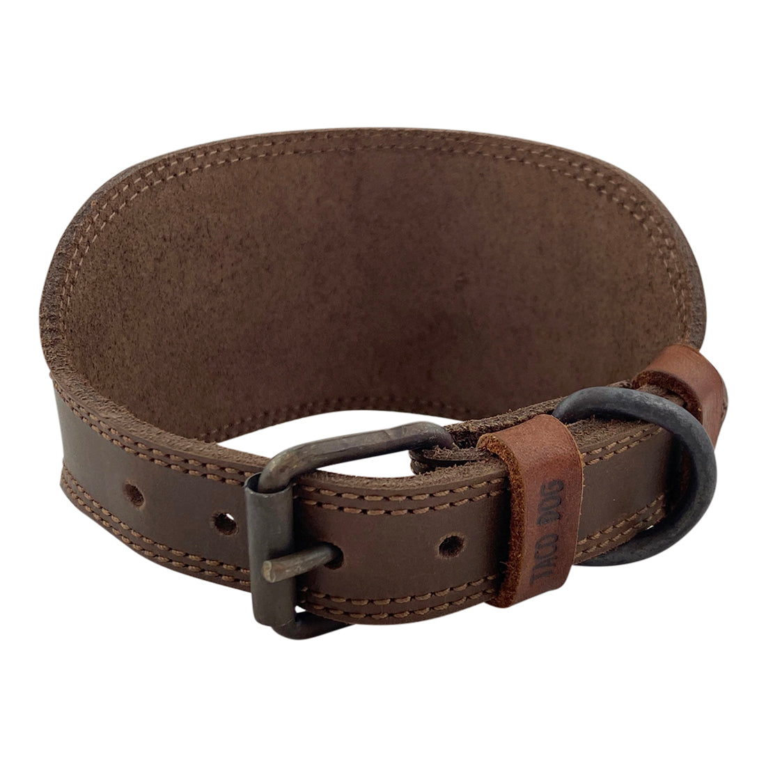 The inside view of a Sighthound Dog Collar by Taco Dog reveals the high-quality stitching and leather finish. This collar is designed for a secure fit with a stylish buckle latch, emphasizing its artisan craftsmanship and handmade quality.