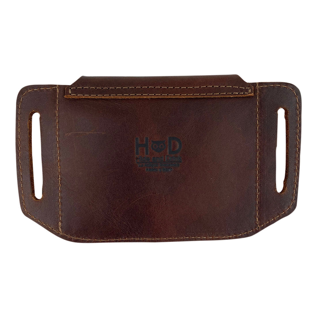 Back view of the Hide & Drink Tactical Card Holder, emphasizing its robust full grain leather and minimalist design. Ideal for efficient card storage, this handmade piece highlights small batch production techniques. Each detail showcases expert hand cut and hand sewn craftsmanship, fire branded for a unique touch. Artisan developed in La Antigua Guatemala & Oaxaca Mexico.