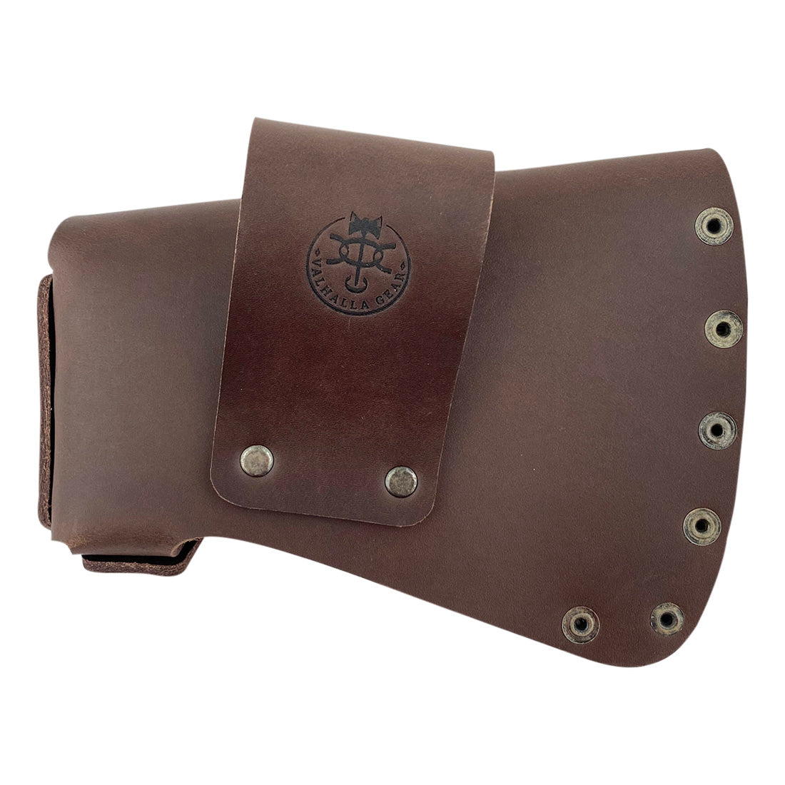 Back view of the Axe Head Sheath by Valhalla Gear, showcasing its sturdy full grain leather construction and secure fastenings. Axe Head Sheath - Protector Case Cover, Hatchet Blade Safety Sleeve, Camping Accessory, Lumberjack Outdoors Work Essentials, Full Grain Leather, StockyardX, Small Batch Production, Hand Cut, Hand Sewn, Fire Branded, Artisan, Handmade in La Antigua Guatemala & Oaxaca Mexico.