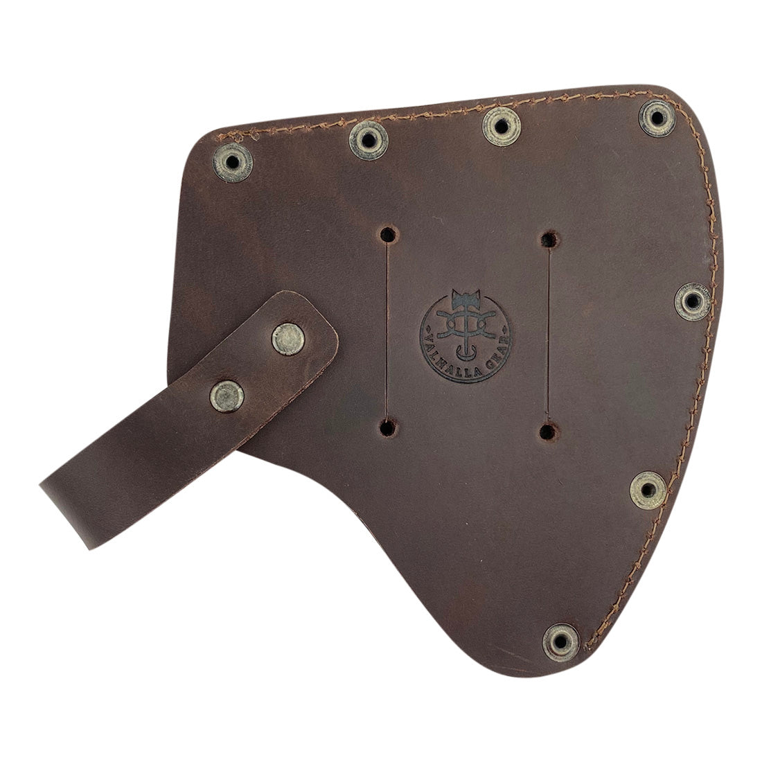 The backside view of the Valhalla Gear Camper Axe Head Sheath, highlighting its premium full grain leather and the artisan branding. This hatchet blade safety sleeve is a must-have camping accessory, crafted through small batch production for outdoor enthusiasts and lumberjack essentials.