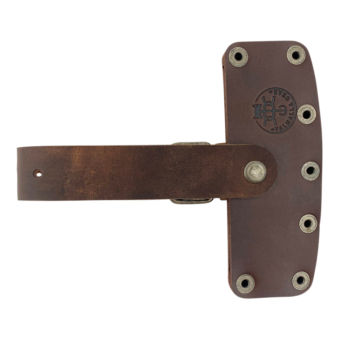 Lumberjack Axe Head Sheath by Valhalla Gear with a sleek design, showcasing its handmade craftsmanship in full grain leather. This essential blade safety sleeve is a great camping accessory for outdoor work. Embrace the essence of small batch production with this Artisan piece, hand cut and sewn, fire branded, and crafted in La Antigua Guatemala & Oaxaca Mexico.