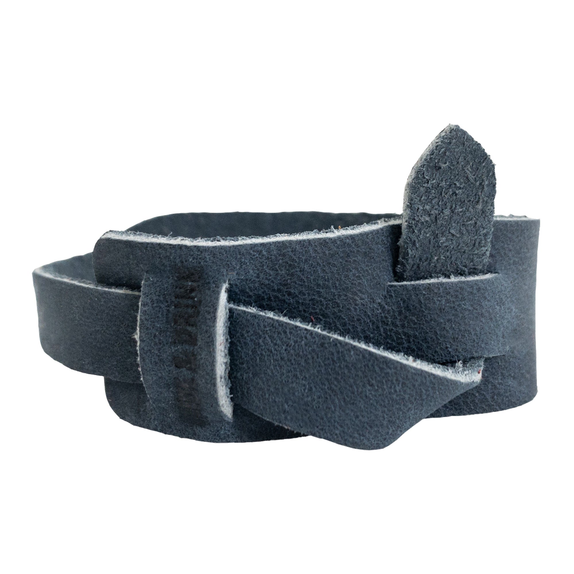 Side view of the navy Hide & Drink Minimalist Wristband, showcasing its refined shape and adjustable strap. Crafted from premium full grain leather, this rustic bracelet is handmade by artisans in La Antigua Guatemala, highlighting the quality of StockyardX.