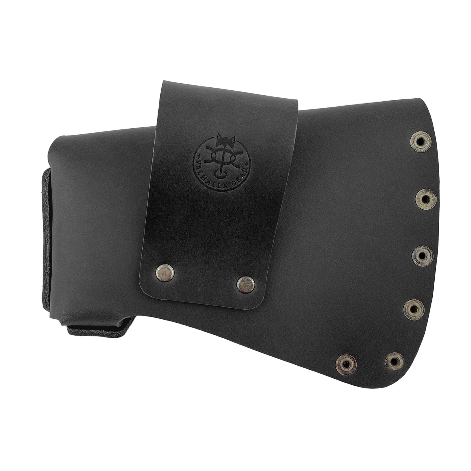 Back view of the black Axe Head Sheath from Valhalla Gear, showcasing its robust design and secure closure, perfect for outdoor activities. Axe Head Sheath - Protector Case Cover, Hatchet Blade Safety Sleeve, Camping Accessory, Lumberjack Outdoors Work Essentials, Full Grain Leather, StockyardX, Small Batch Production, Hand Cut, Hand Sewn, Fire Branded, Artisan, Handmade in La Antigua Guatemala & Oaxaca Mexico.