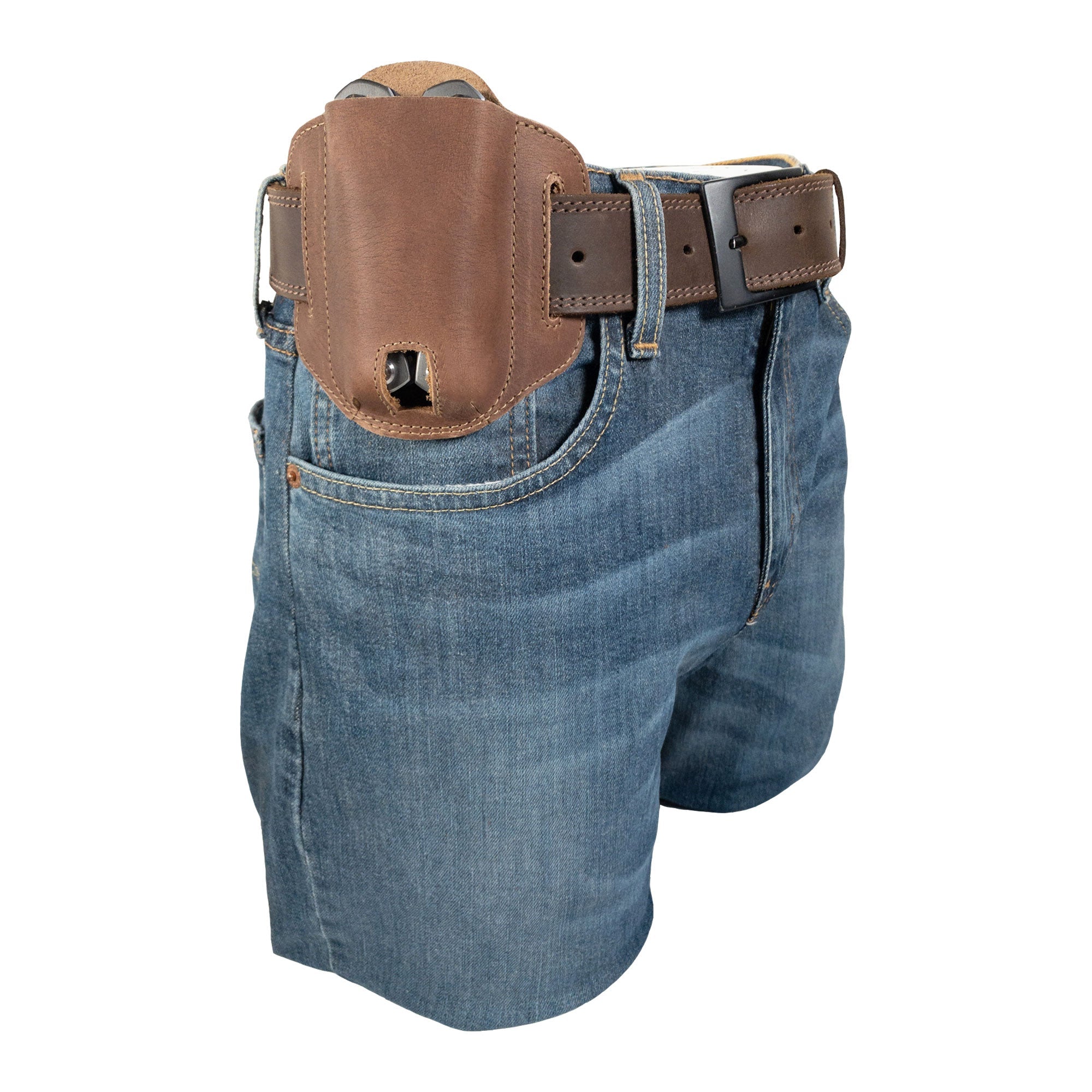 Brown Multitool Belt Sheath by Hide & Drink shown on a belt, demonstrating practical use as a tool holster for waist. This well-crafted accessory utilizes full grain leather to ensure durability and style in one.