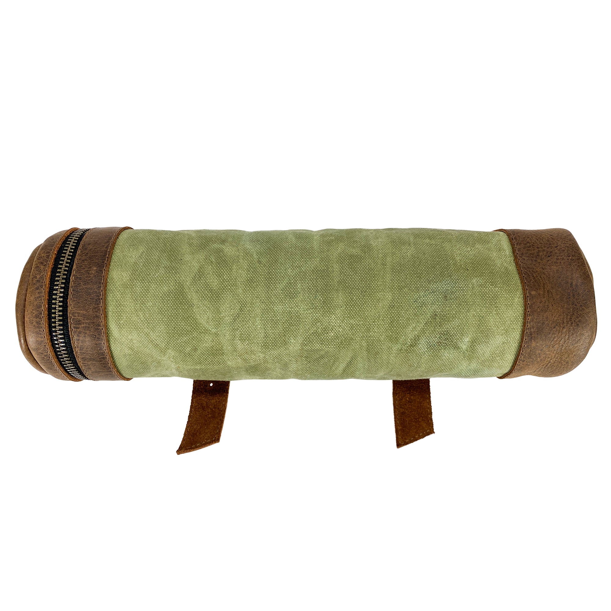 Top view of the Bicycle Tube from Hide & Drink, featuring the secure zipper and sturdy materials. This Bike Pack Tube is perfect for carrying drinks on the go, embodying craftsmanship with full grain leather and artisanal methods made in La Antigua Guatemala and Oaxaca Mexico.