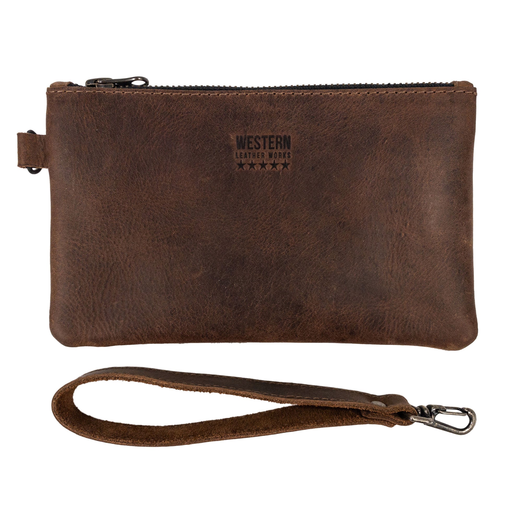 Innovative Wristlet Clutch Bag from Western Leather Works showcasing a sleek, all-leather back. This rectangular wristlet clutch handbag is designed for stylish evening use, crafted from full grain leather with the quality of small batch production. Handmade in La Antigua Guatemala.