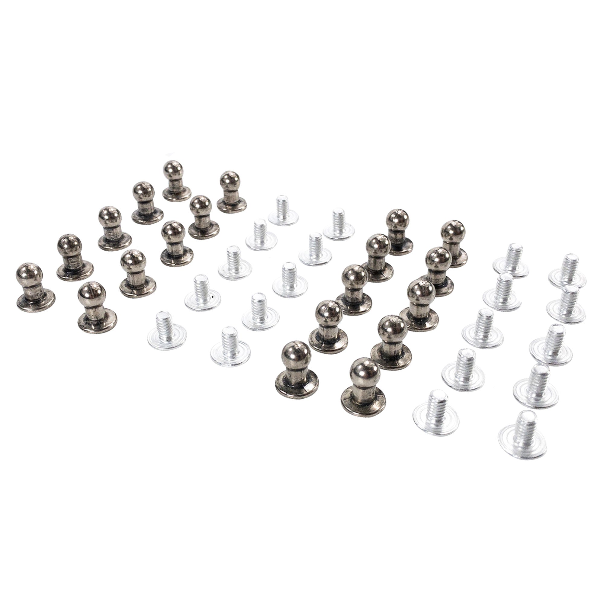Large assortment of Round Head Button Stud for Leather Crafts, showcasing rustic nickel and silver options from Leather Handcraft Supply Depot. Great for Tooling, Hobby & Workshop artisans, handmade in La Antigua Guatemala and Oaxaca Mexico.