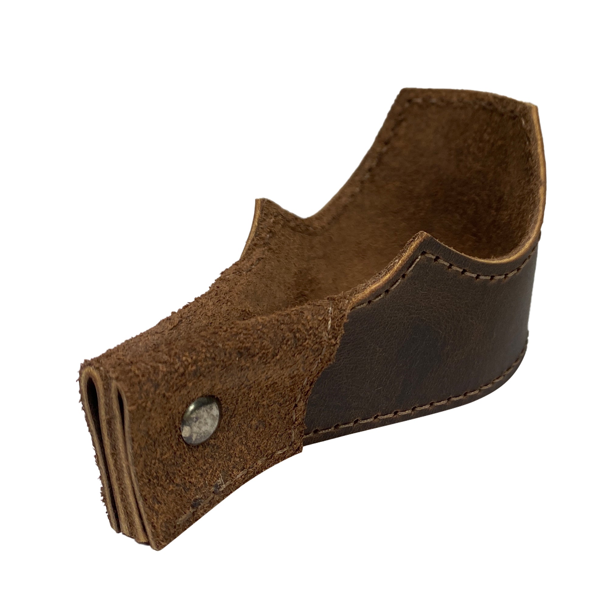 Detailed view of the inside of the Tobacco Pipe Holder by Hide & Drink, highlighting its soft and attractive full grain leather. This Tobacco Pipe Holder (Pipe not Included) offers a portable & adjustable stand for convenience and style in your smoking accessories. Each piece reflects small batch production, being hand cut and sewn by skilled artisans in La Antigua Guatemala & Oaxaca Mexico.