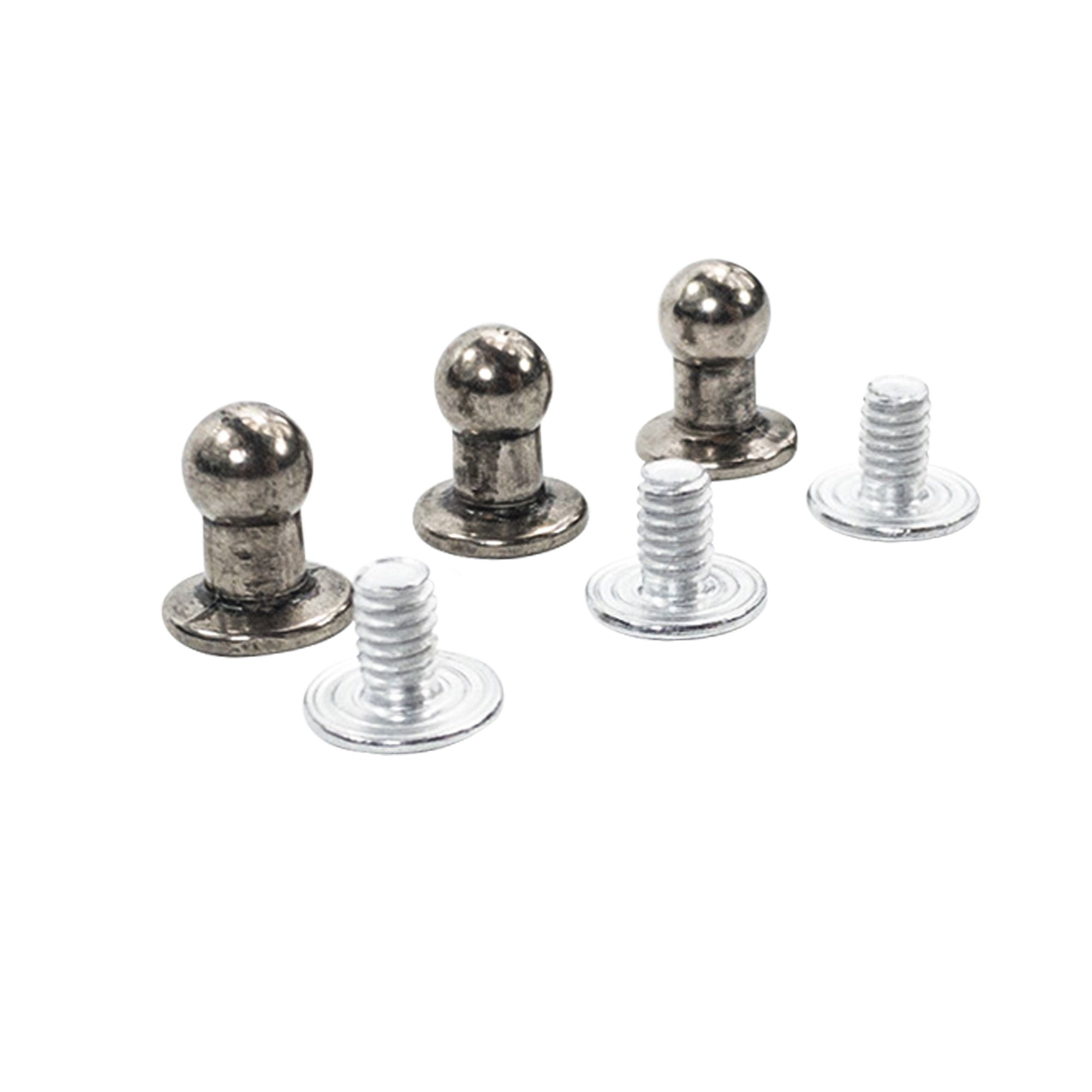 Close-up of Round Head Button Stud for Leather Crafts by Leather Handcraft Supply Depot, featuring rustic nickel and silver finishes, ideal for Tooling, Hobby & Workshop projects. Perfect for small batch production, crafted by artisans in La Antigua Guatemala and Oaxaca Mexico.