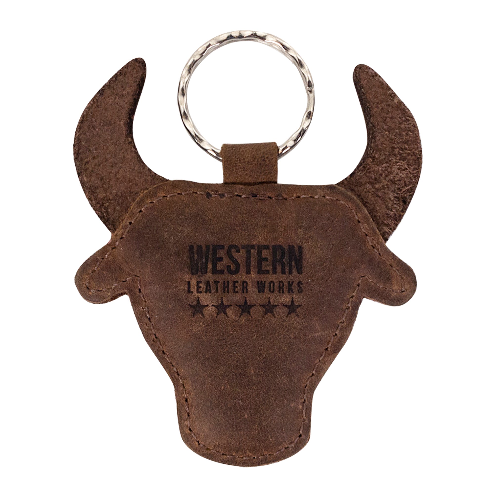 Cowboy Bull Head Keychain by Western Leather Works showcasing a rustic bull head design crafted from durable full grain leather. This keyring holder is an ideal accessory for cowboys and cowgirls, representing small batch production, hand cut, hand sewn, fire branded craftsmanship, and artisan quality from La Antigua Guatemala & Oaxaca Mexico.