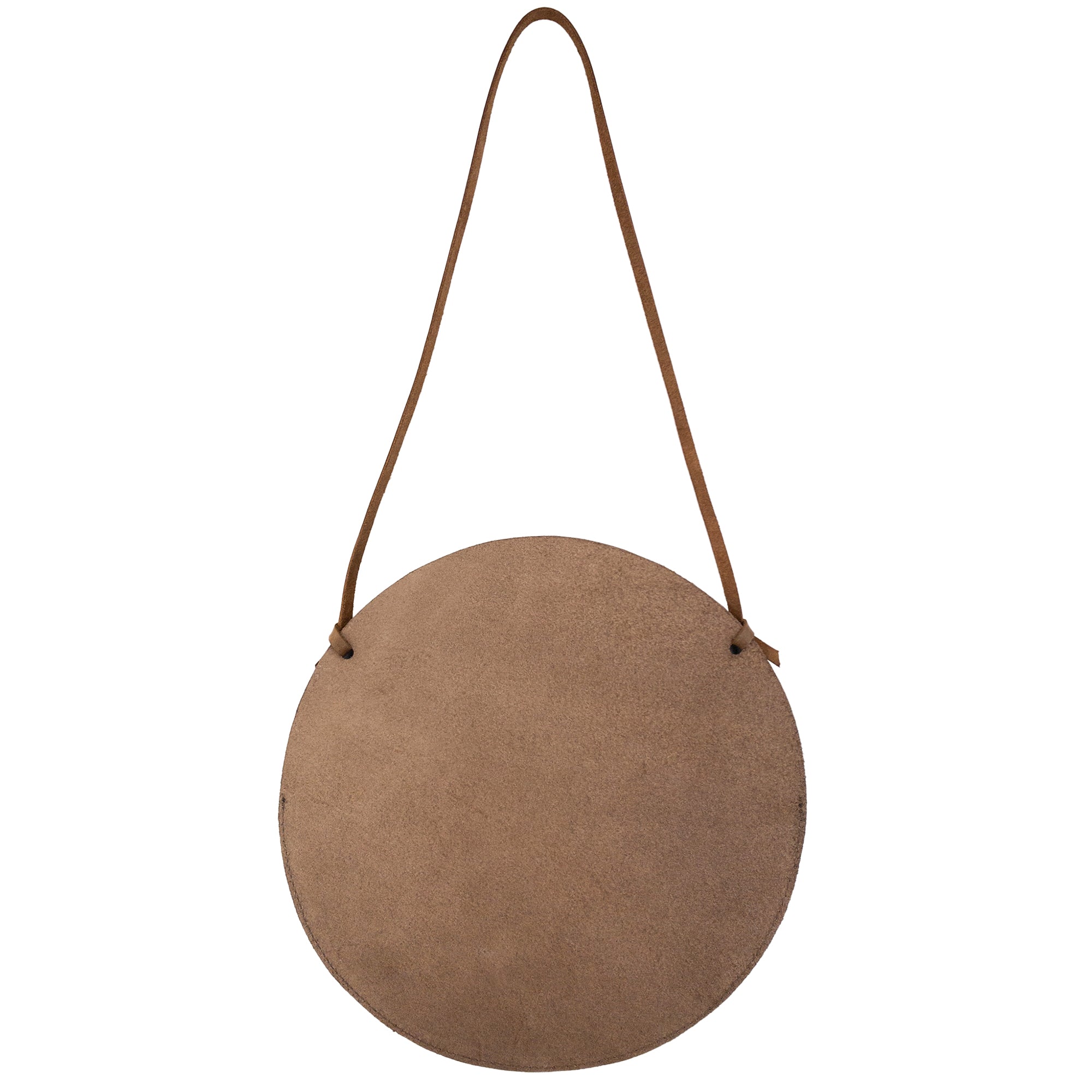 Back view of the Leather At Home Circular Wall Hanger, crafted from durable full grain leather. Ideal as a door hanger for documents, featuring a minimalist design. Each piece is fire branded and made by hand in La Antigua Guatemala.