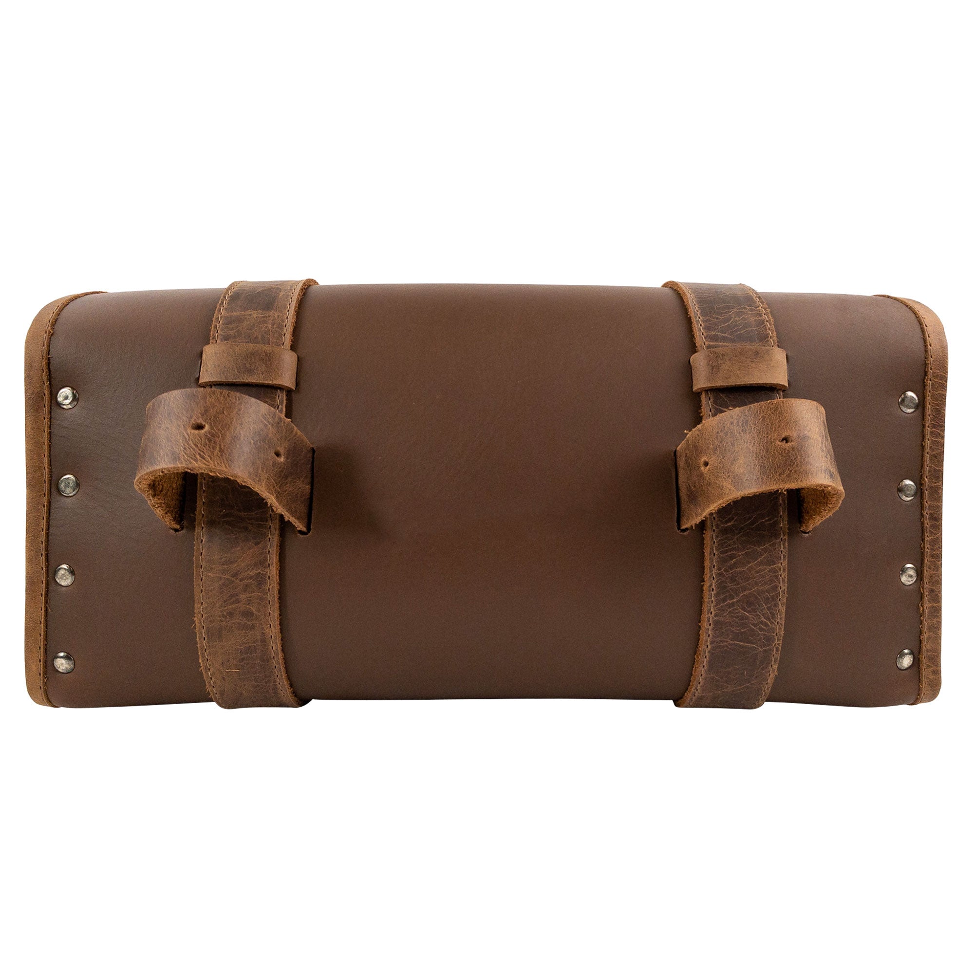 Back view of the Riveted Bag for Motorcycle by Hide & Ride displaying robust construction with adjustable belts. This durable Motorcycle Riveted Bag is a great addition to biker accessories, made from full grain leather and hand sewn with care in La Antigua Guatemala & Oaxaca Mexico.