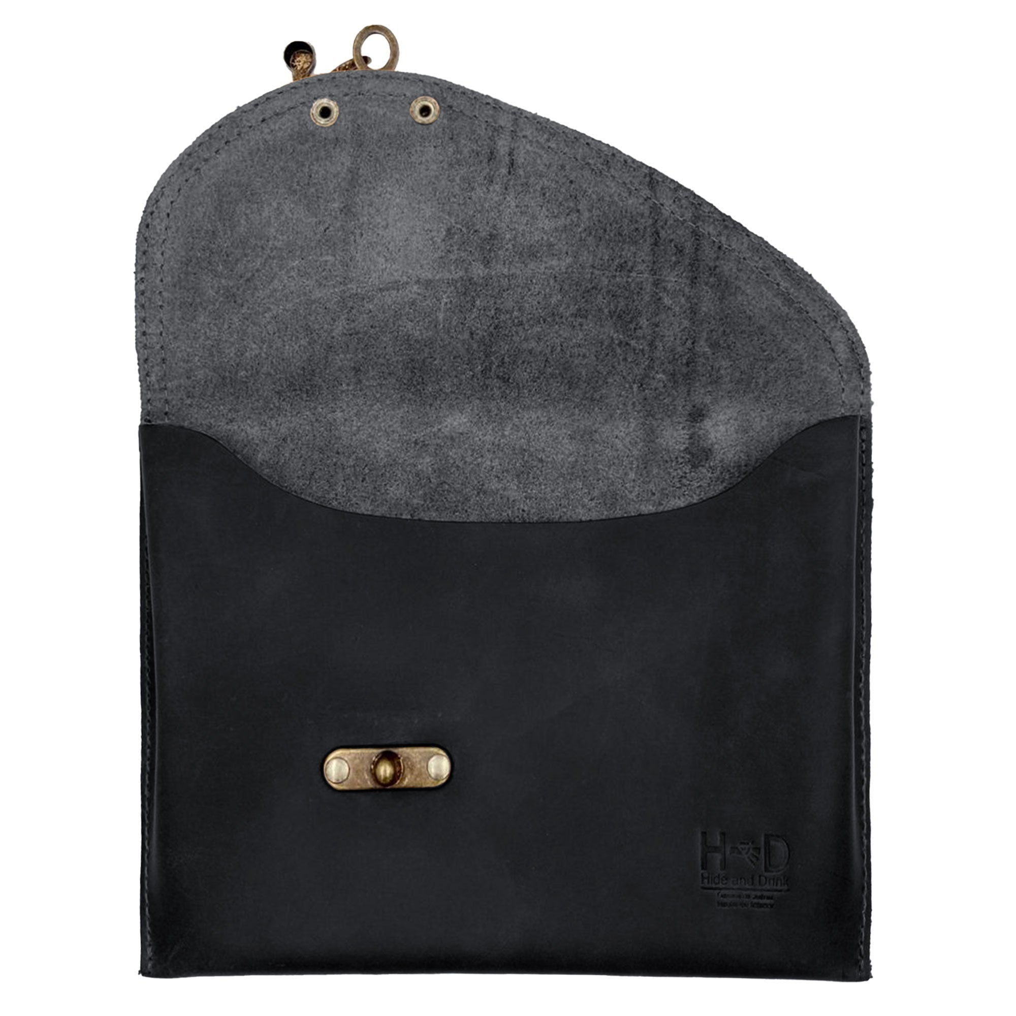 Back view of the Petite Vintage Clutch Bag by Hide & Drink, featuring a soft raw leather interior. This vintage handbag is perfect for travel and embodies the artistry of handmade craftsmanship, making it a perfect addition to any fashion lover's collection.