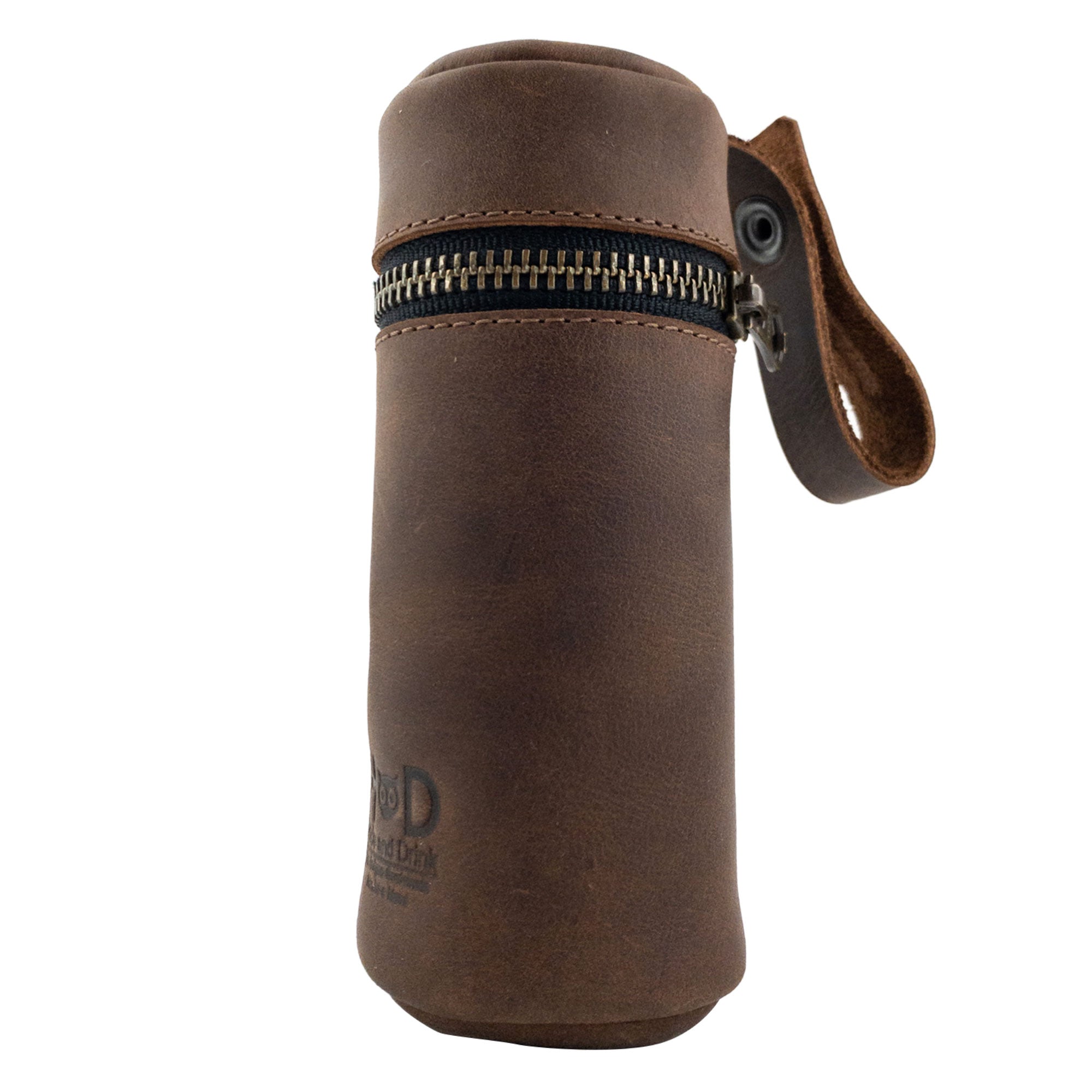 Side view of the Hide & Drink Cylinder Case for Golf Balls, highlighting the durable zipper and stylish full grain leather material. A portable ball case designed for golfers, it emphasizes handmade quality and features an easy-to-use hanger, embodying sports & outdoors accessories with artisan techniques from small batch production.