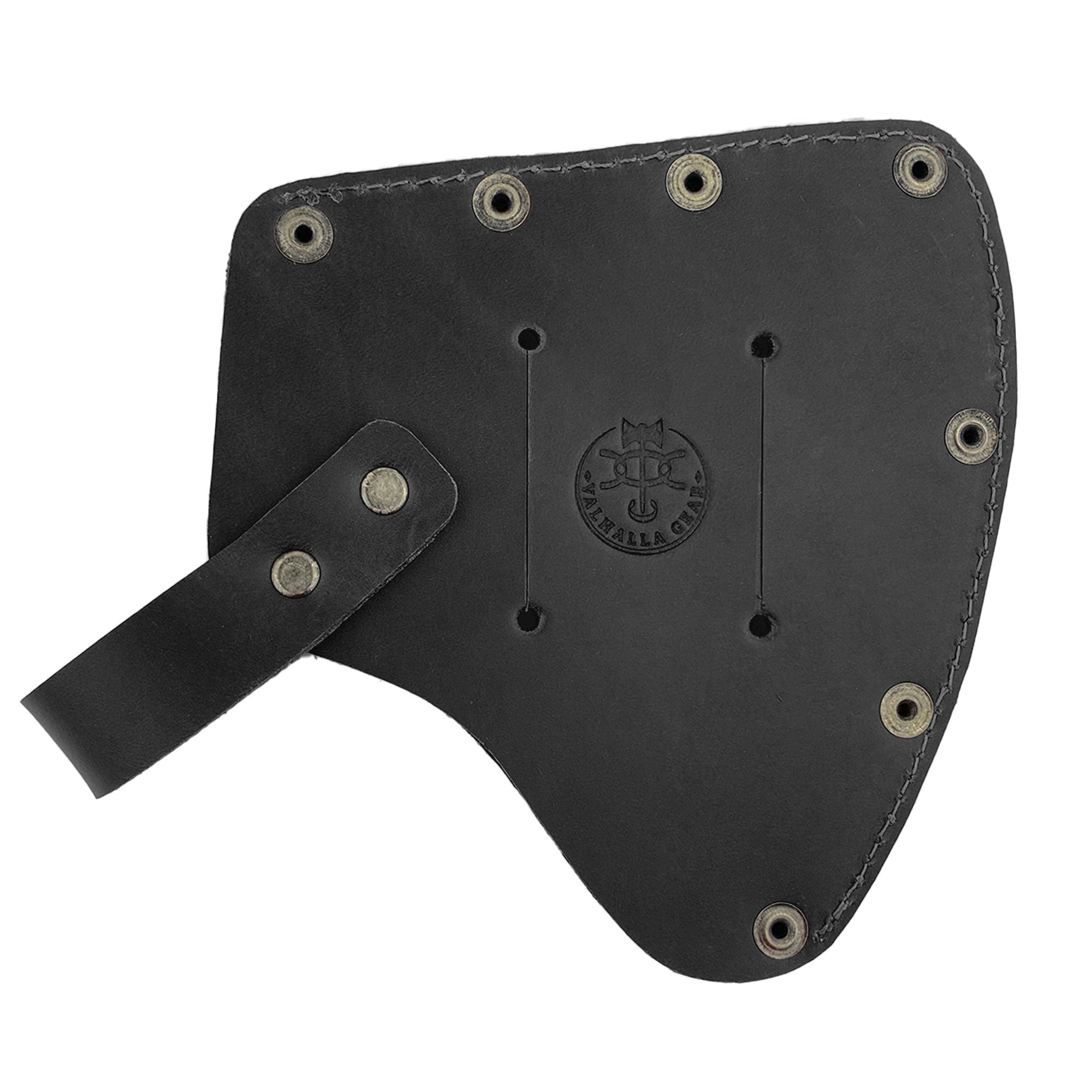 The underside of the black Valhalla Gear Camper Axe Head Sheath, highlighting its detailed craftsmanship and artisan branding. This handmade protector case ensures safety for your hatchet blades, making it a vital camping accessory for any outdoor enthusiast or lumberjack essential.