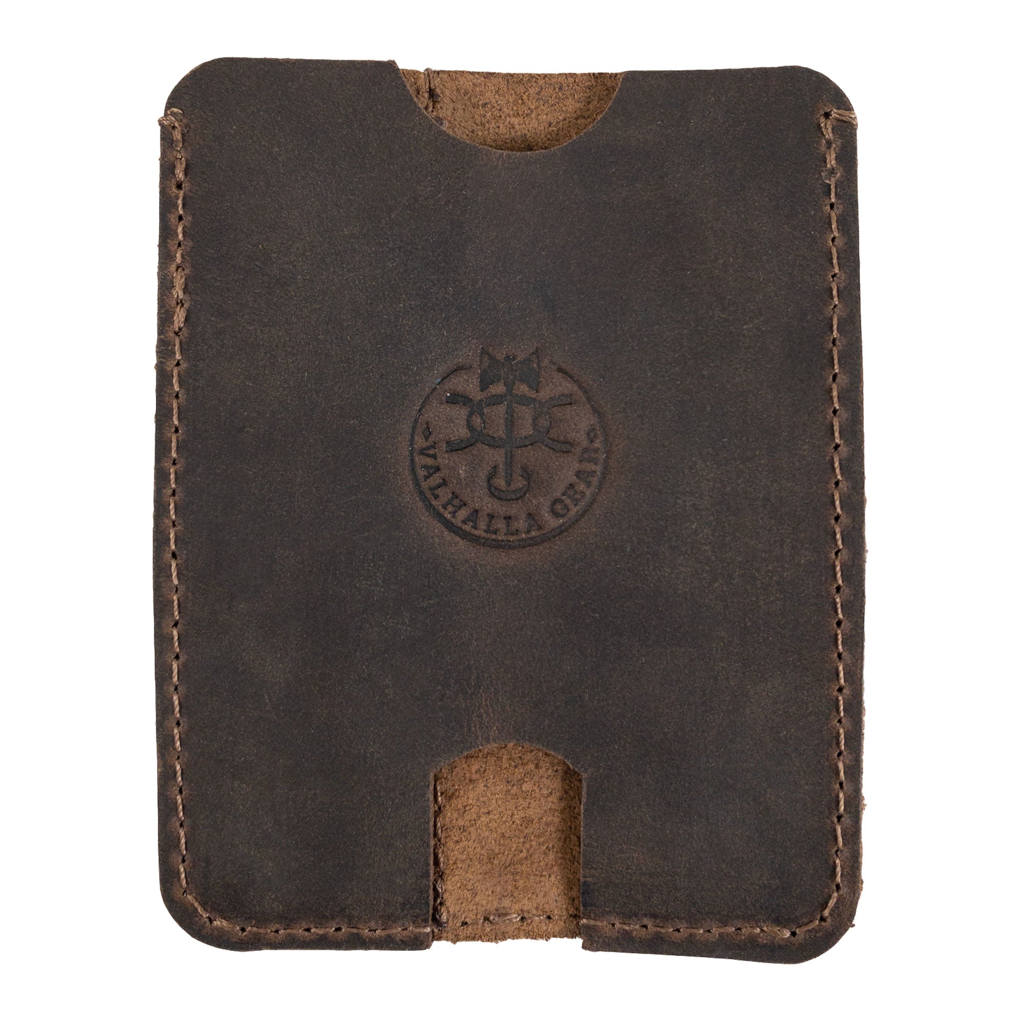 Close-up view of the Valhalla Gear Tactical Card Holder with Pen Slots showcasing its Full Grain Leather texture. This handmade EDC Card Holder with Pen Slots embodies artisan craftsmanship, made through Small Batch Production techniques in La Antigua Guatemala.