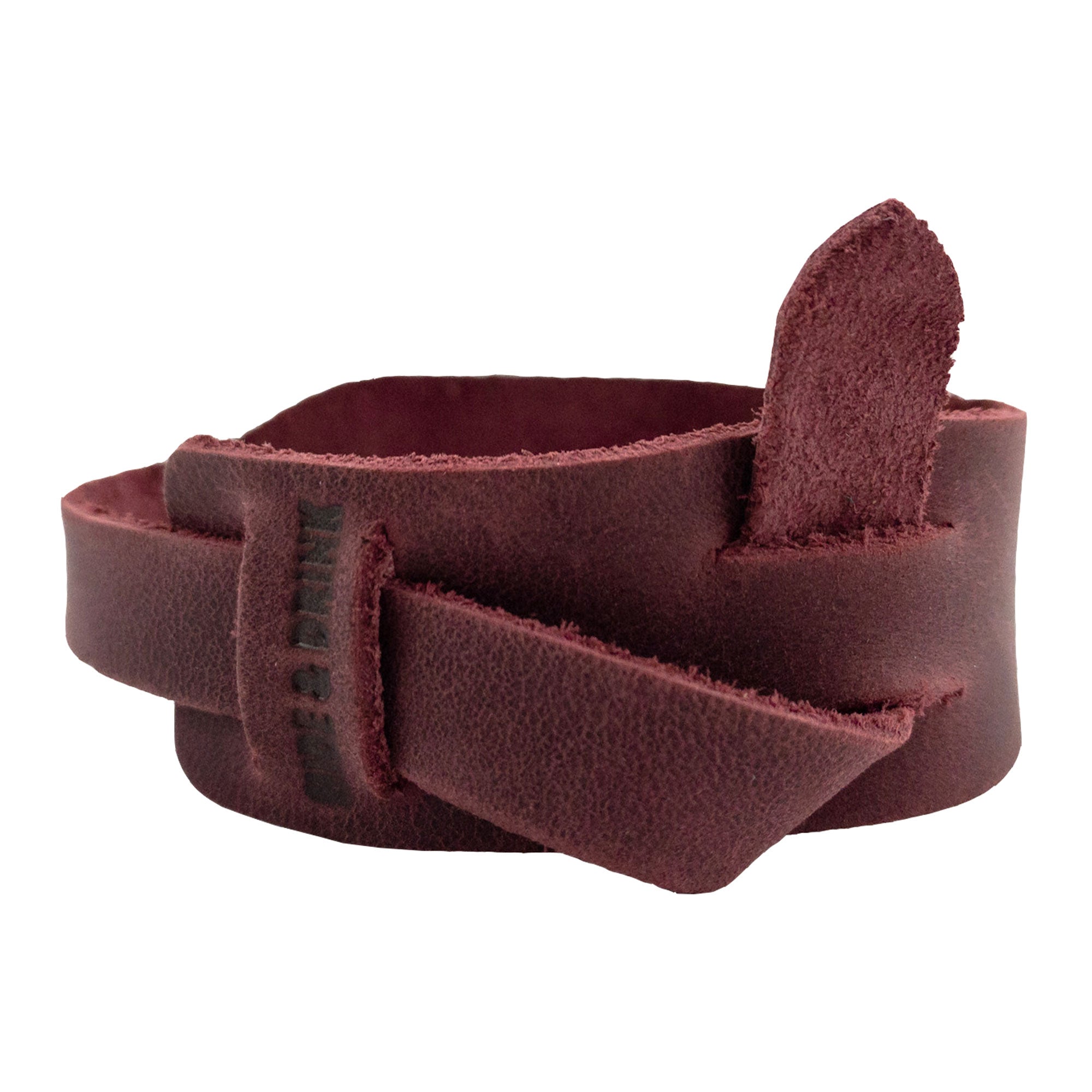 Side view of the red Hide & Drink Minimalist Wristband, offering a perspective of its refined design and adjustable features. Created from full grain leather, this stylish bracelet is hand sewn by artisans in La Antigua Guatemala, showcasing StockyardX's artisan quality.